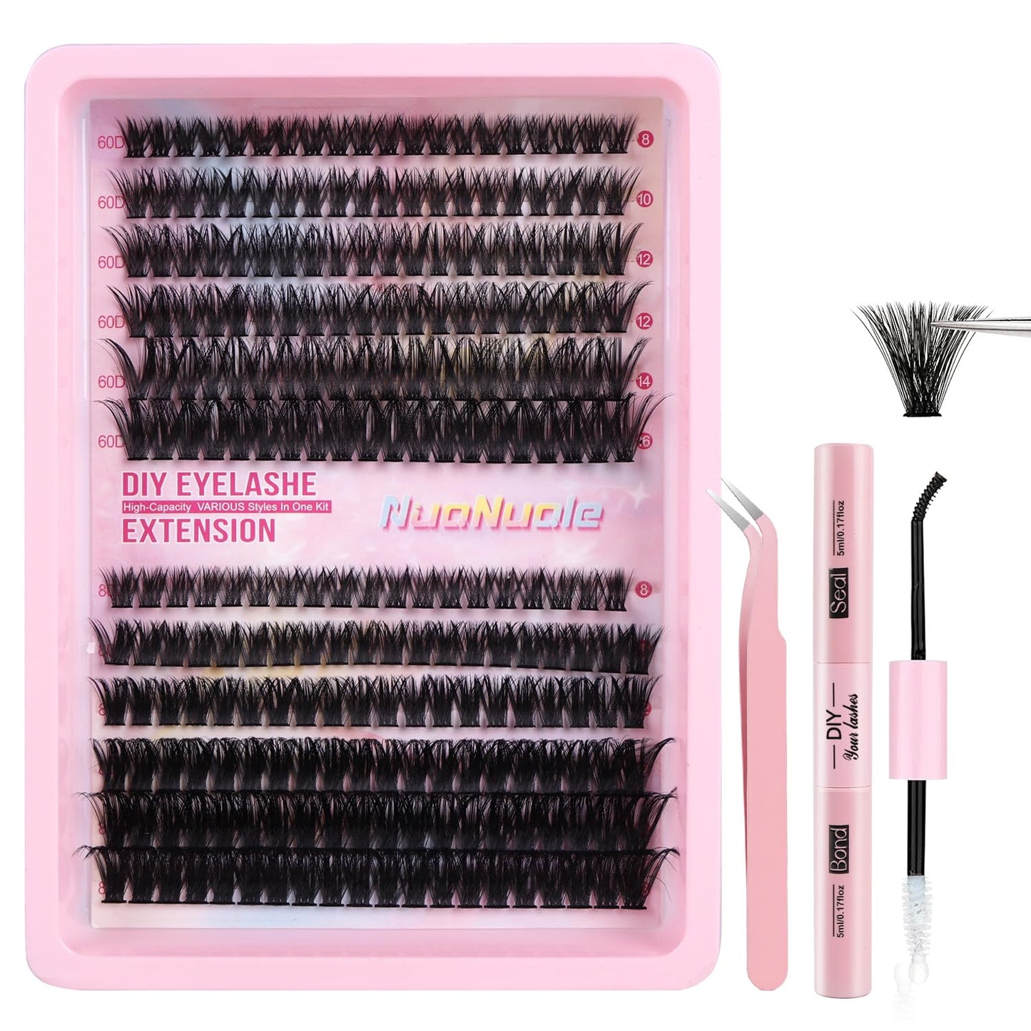 DIY Lash Clusters Kit 240pcs Natural Eyelash Extension Kit, 8-16mm 60D 80D Individual Lashes Kit with Lash Bond and Seal, Lash Extension Kit for Self Use (60D&80D, 0.07D, 8-16mm, Kit)