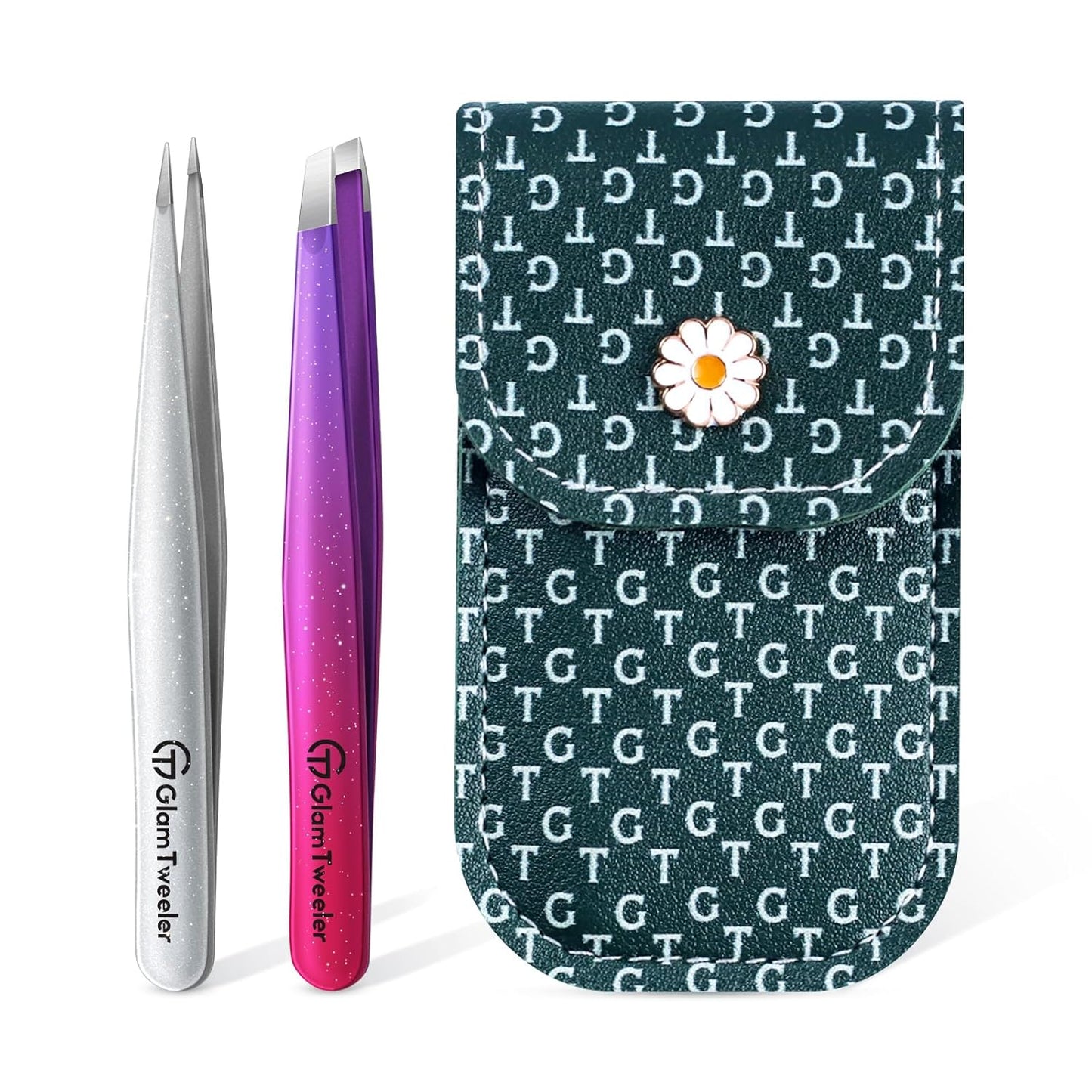 Expert Slant and Point Tip Tweezer Set with Exclusive Storage & Carrying Case, GlamTweeler Sharp & Precision Tweezer Set for Eyebrows, Facial Hairs & Fine Hairs Removal (Sparkle Deep Voilet + Silver)