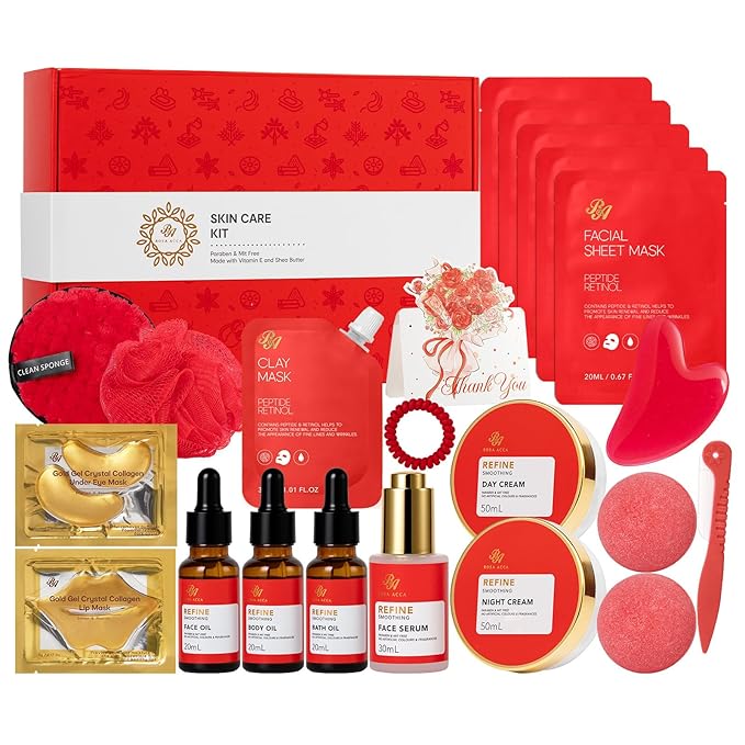 Red Rose 23 Pcs Facial Skin Care Set, Luxury Bath and Body Gifts for Women, Spa & Self-Care Gifts, Lip Gloss, Sheet Mask, Present, Bath Oil, Birthday, Christmas, Valentines, Mother Day, Bridal Shower