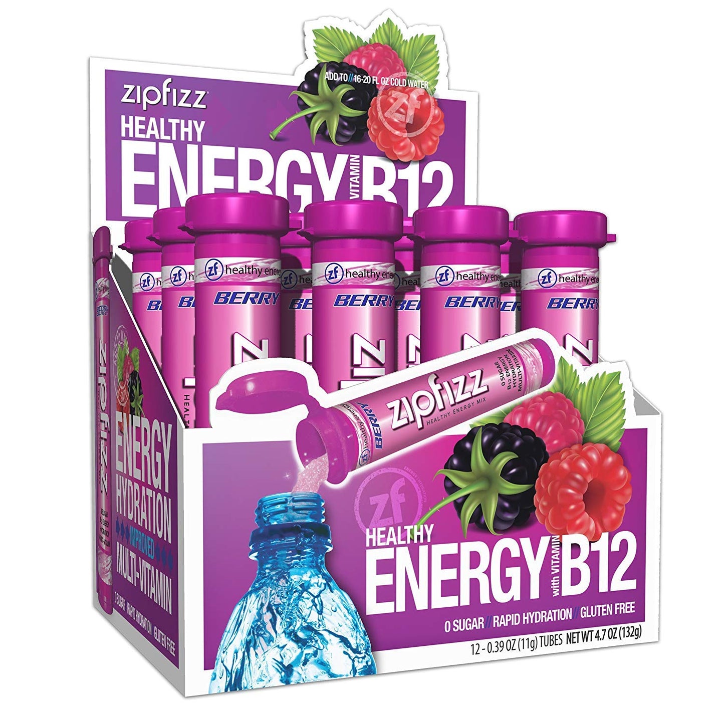 Zipfizz Daily Energy Drink Powder, Berry, 12 Pack | 3-in-1 Sustained Energy, Rapid Hydration, and Essential Vitamins | Sugar-Free | Electrolyte Powder | Contains Vitamin B-12 & Antioxidants