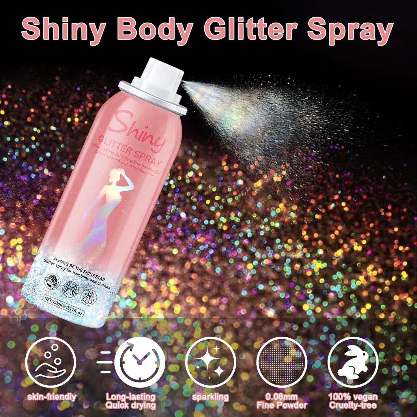 Hair and Body Glitter Spray, Holographic Glitter Highlighter Powder, Hairspray for Clothes, Face Body Shiny Glitter, Loose Shimmer Hairspray Festival Rave Prom Accessories, 2.11 Fl Oz (Rainy-Rainbow)