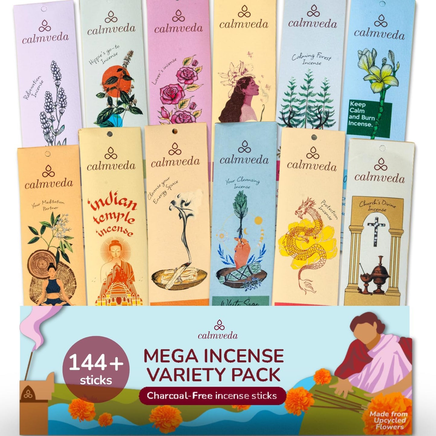 Natural Incense Sticks Mega - Variety Pack (144 Insence-Sticks Bulk, 12 Aromas) Clean No Charcoal, Made from Upcycled Flowers | Organic Incense Stick Non Toxic (Slow Burn, Longlast)