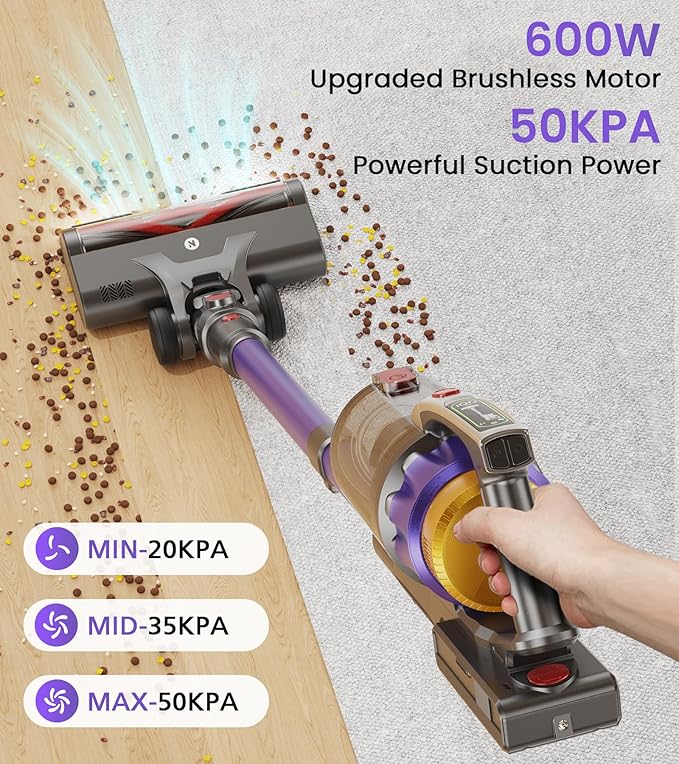 NADALY Cordless Vacuum Cleaner, 600W 50KPA 70Mins Stick Vacuum Cordless Rechargeable, Anti-Tangle, Lightweight, Self-Standing Vacuum Cleaners for Home, Vacuum for Pet Hair/Carpet/Hard Floor