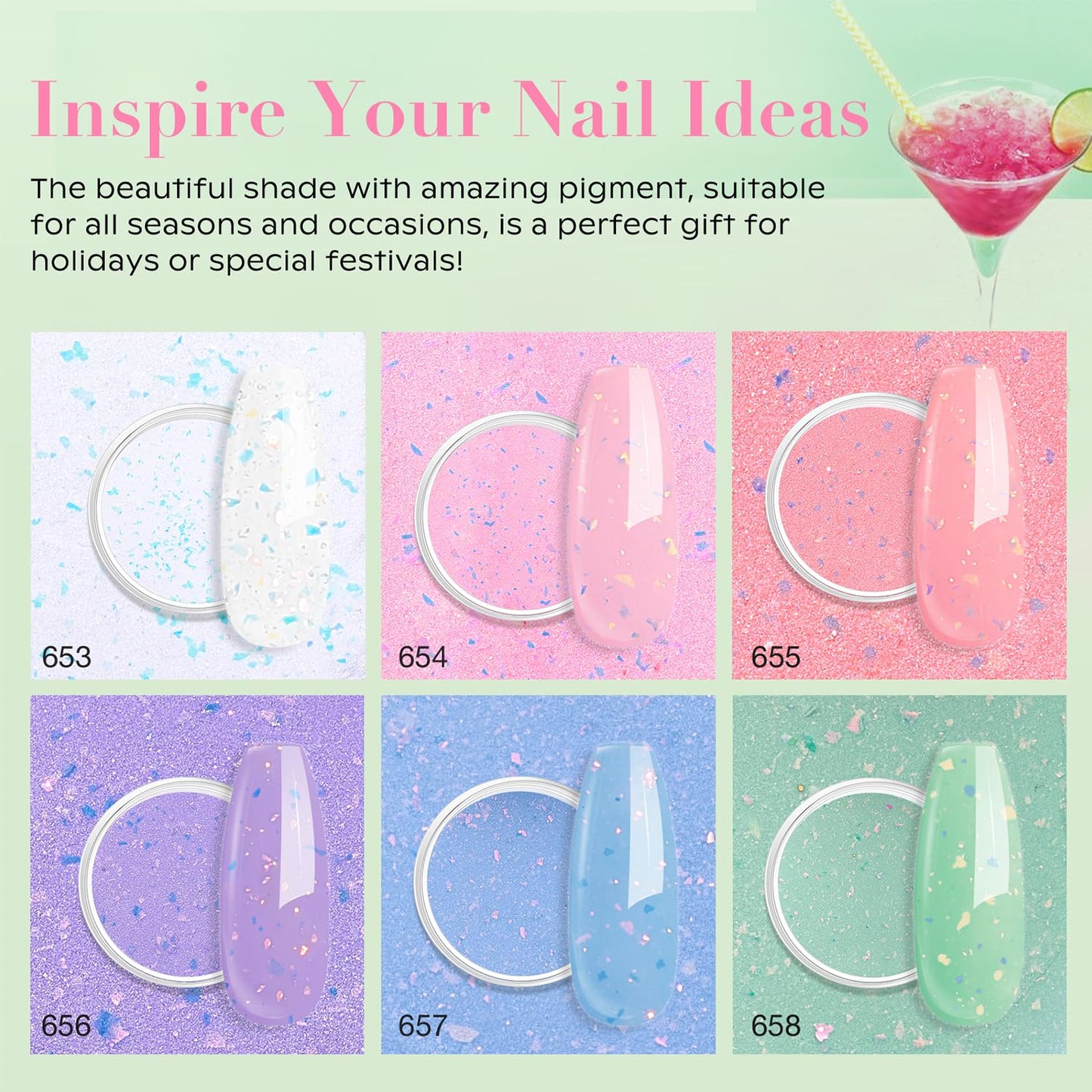 AZUREBEAUTY Dip Powder Nail Set, Clear Pink Coral Violet Blue Green Pastel Shades with Sparkling Aluminum Foil, 6 Colors Dipping Powder Starter Kit Nail Art Manicure Salon, No Need Nail Lamp Cured