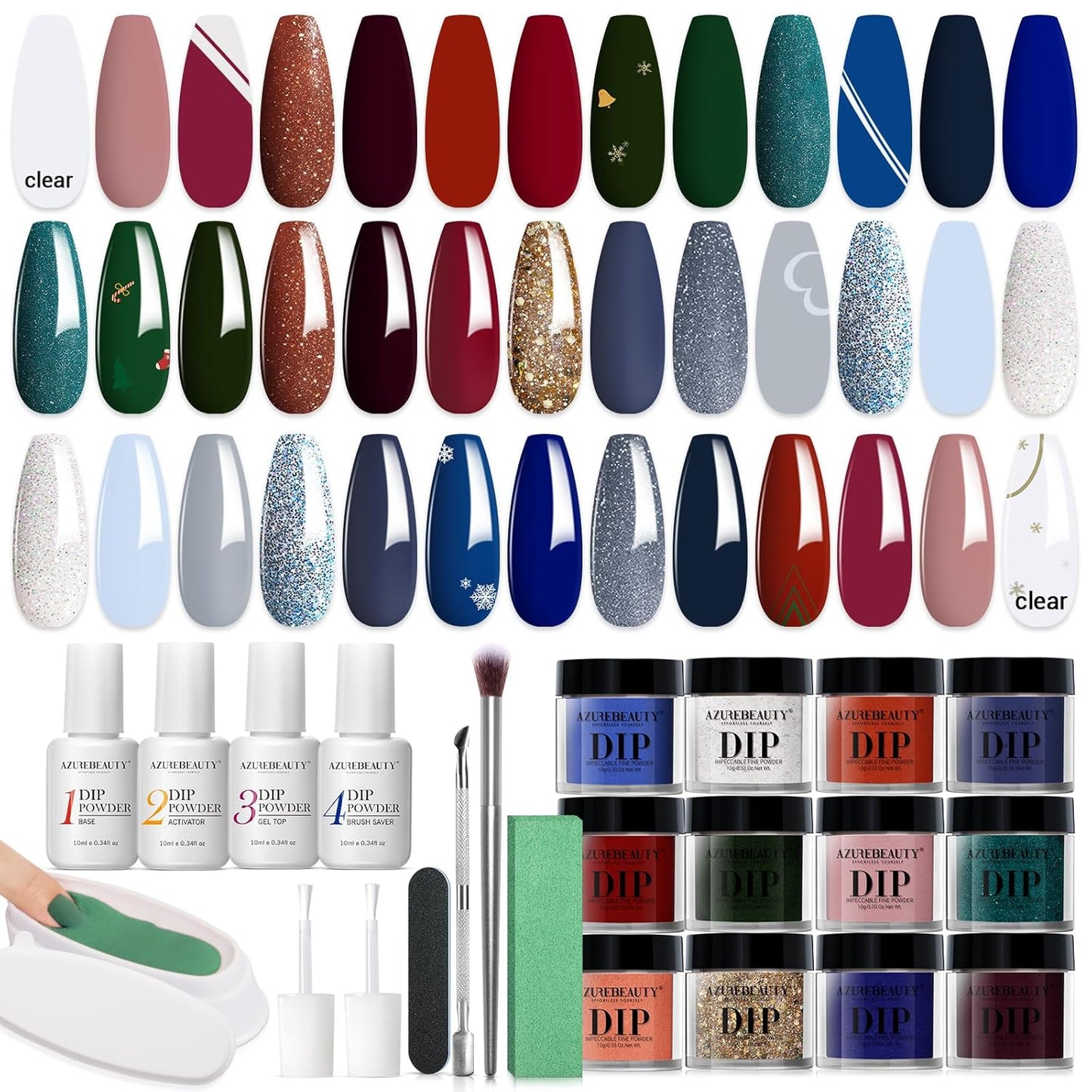AZUREBEAUTY 31Pcs Dip Powder Nail Kit Red Green Glitter White 20 Colors Acrylic Dipping Powder Liquid Set with Top/Base Coat Activator for French Nails Art DIY Salon Christmas Gift