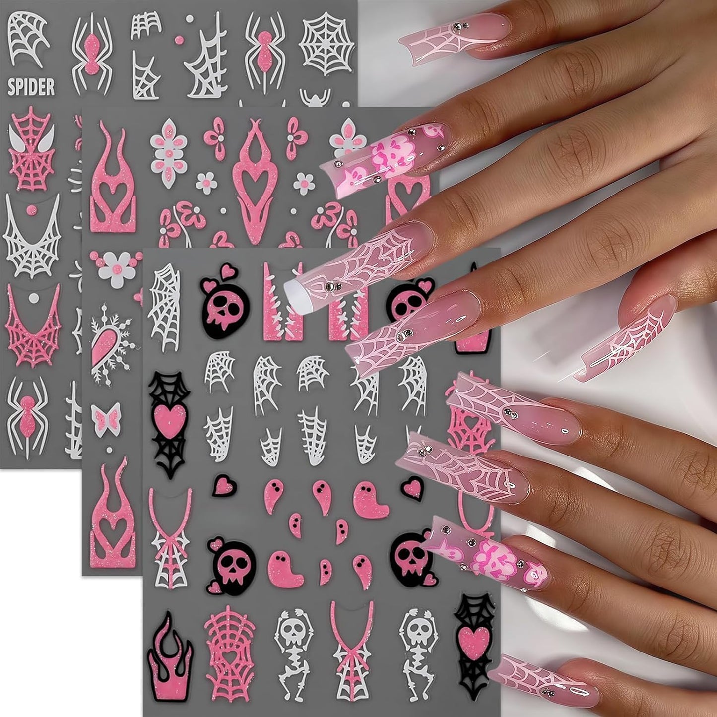 6Sheets Halloween Nail Stickers for Nail Art,3D Self-Adhesive Cute Ghost Spider Web Nail Decals Spooky Nail Art Stickers Heart Bats Spider Nails Design Manicure DIY Cute Holiday Nail Decoration Charms