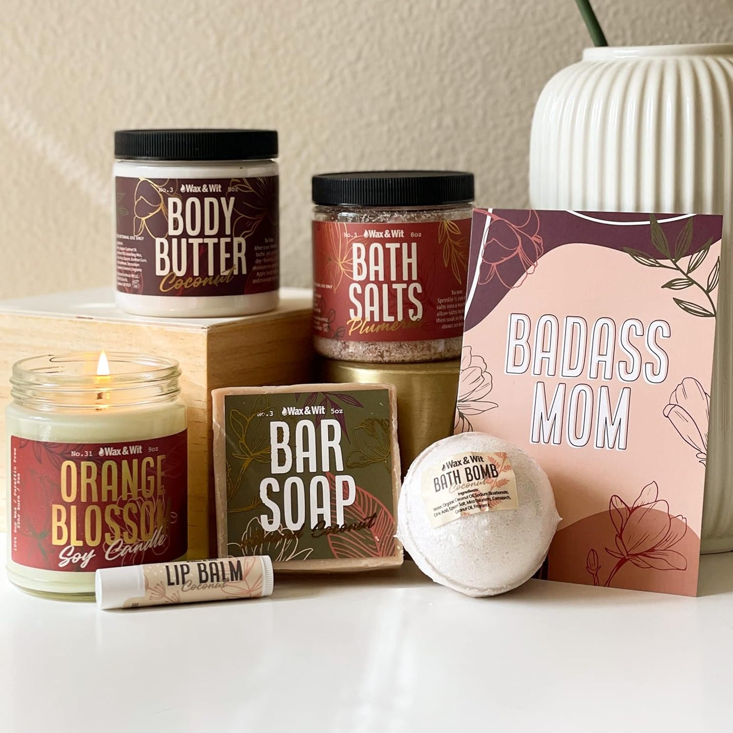 WAX & WIT Gifts for Mom, Luxury Spa Set for Mom: Heartfelt Mother's Day & Birthday Pampering Kit | Handcrafted 7-Piece Relaxation Set from Daughter, Son - Mom Birthday Gifts, Mothers Day Gifts