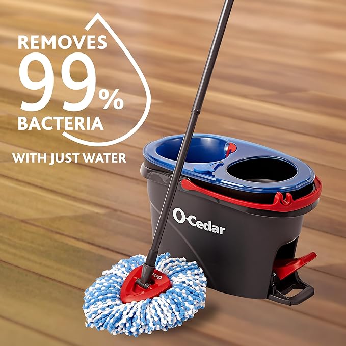 O-Cedar RinseClean Spin Mop & Bucket System + 2 Extra Mop Heads| Clean with Clean Water | Removes 99% of Bacteria
