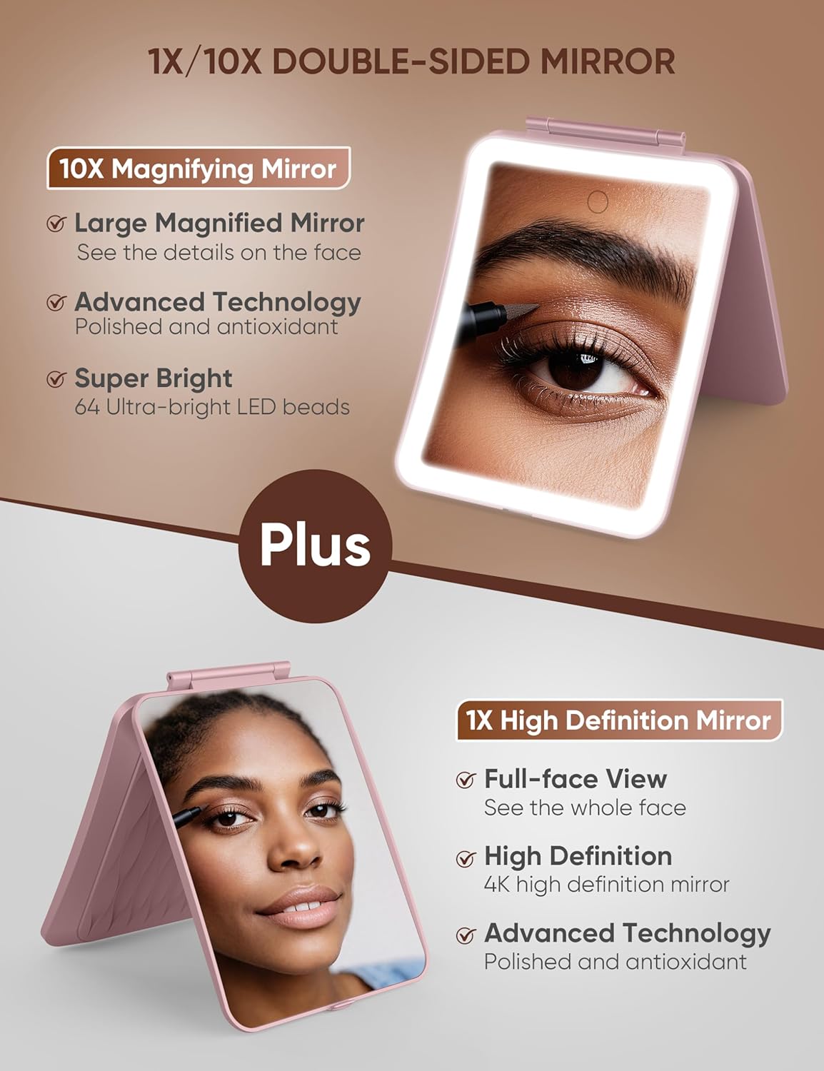 1X/10X Magnifying Makeup Mirror with 3 Colored Lights and Touch Control, 2700mAh Rechargeable LED Vanity Mirror for Home, Bathroom and Travel (Rose Pink, with LED Lights)