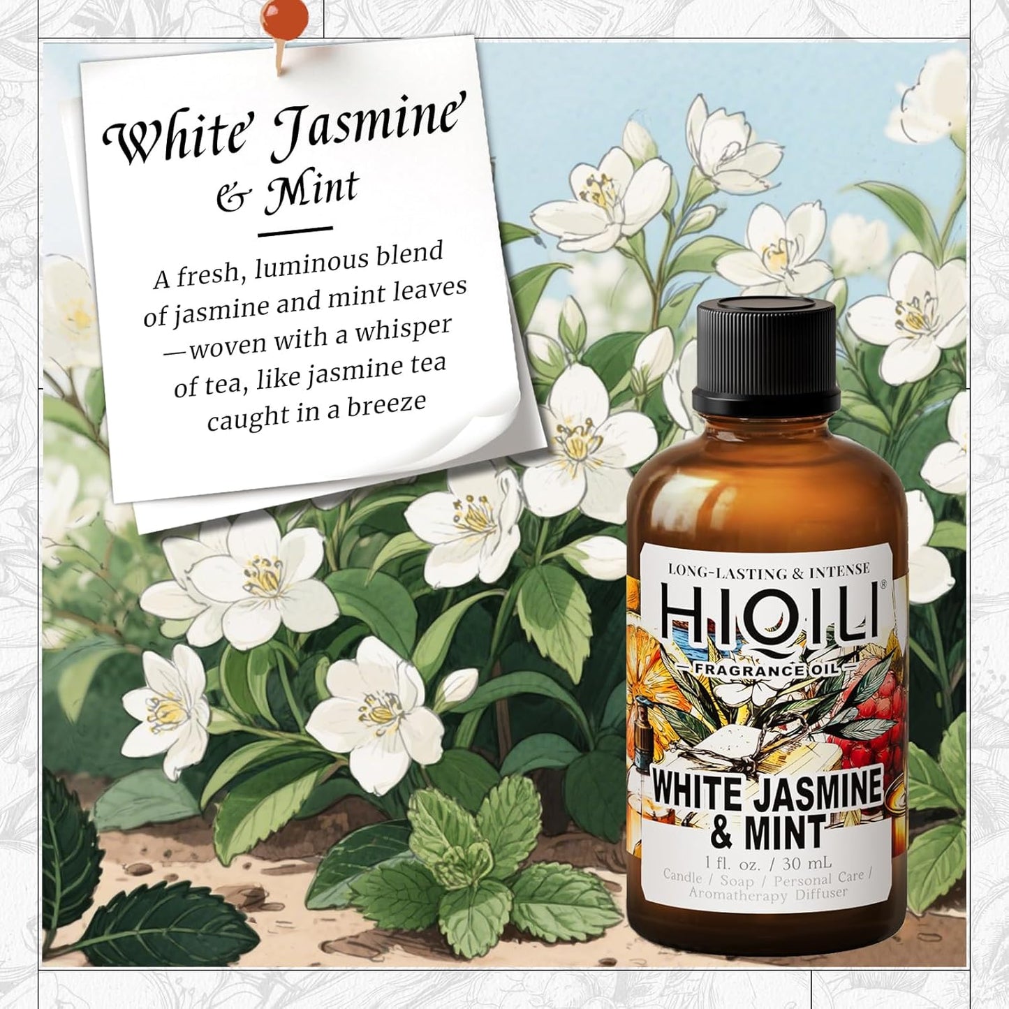 HIQILI White Jasmine & Mint Fragrance Oil for Diffuser, Candle, Soap & Perfume Making, Floral Herbal Scent with Fresh Tea Notes, Long-Lasting Scent - 1 Fl Oz