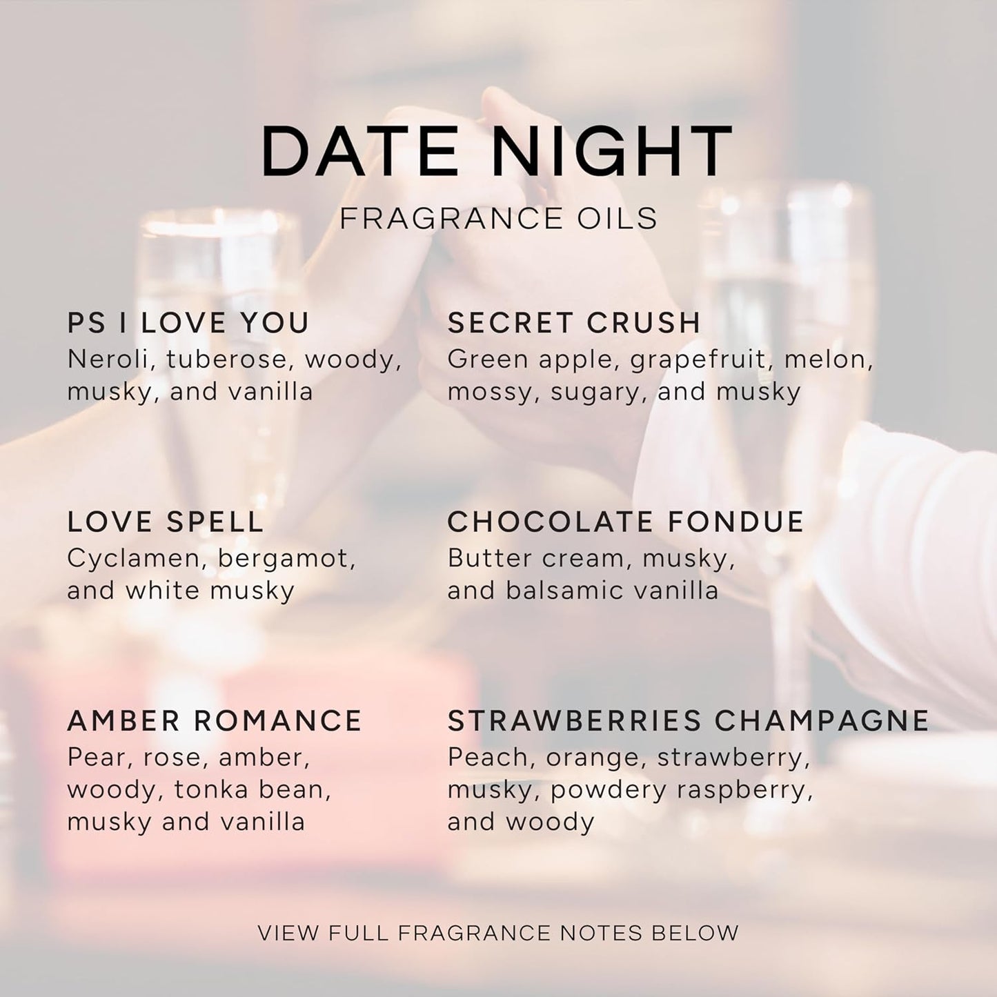 Eternal Essence Oils Date Night Set of 6 Premium Fragrance Oils - Includes PS I Love You, Amber Romance, Secret Crush, Chocolate Fondue, Strawberry Champagne, and Love Spell Scented Oils - 10ML