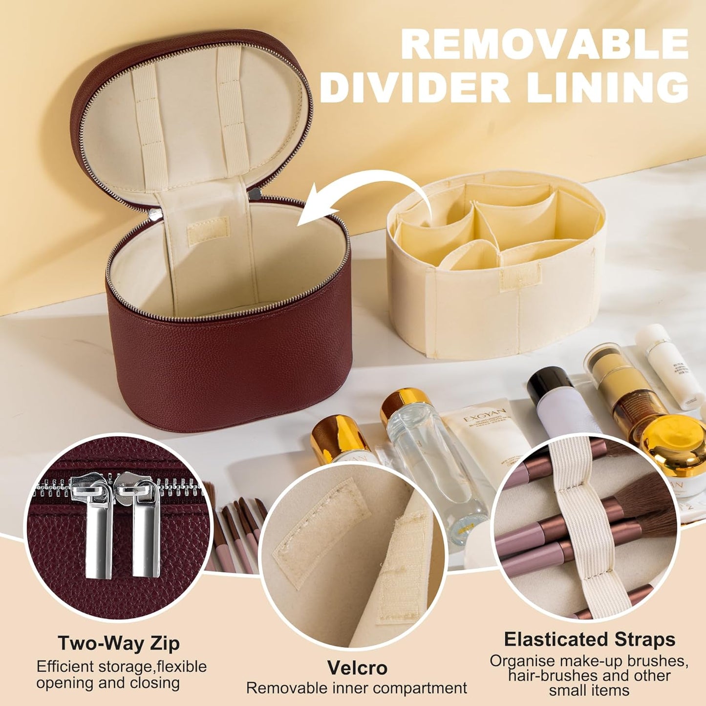 Makeup Bag Vanity Case Cosmetic Bag with Removable Divider Travel Toiletry Bag for Women Portable Make up Box Organizer, Burgundy