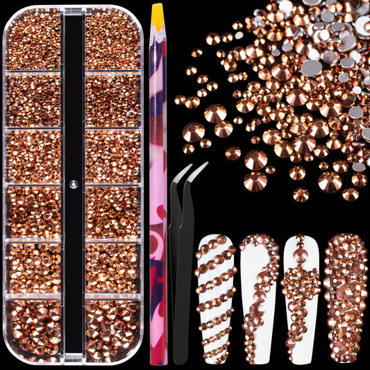 6 Sizes Rose Gold Glass Crystal Kit with Pickup Pen + Tweezer Tools for Shine Nail Art Manicure Makeup DIY Decoration Flatback Round Rhinestone Gem Jewelry Diamond