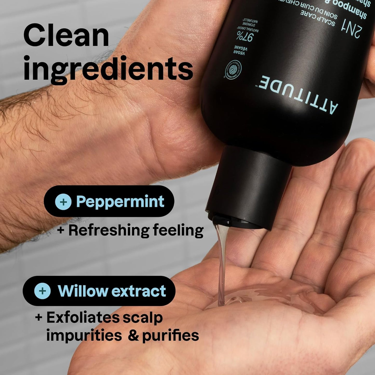ATTITUDE Men's Shampoo and Conditioner 2-in-1, Scalp Care for Build Up & Oily Hair, Refresh With Peppermint & Willow Extract, 97% Natural Origin Ingredients, EWG Verified, Eucalyptus & Sage, 14 Fl Oz
