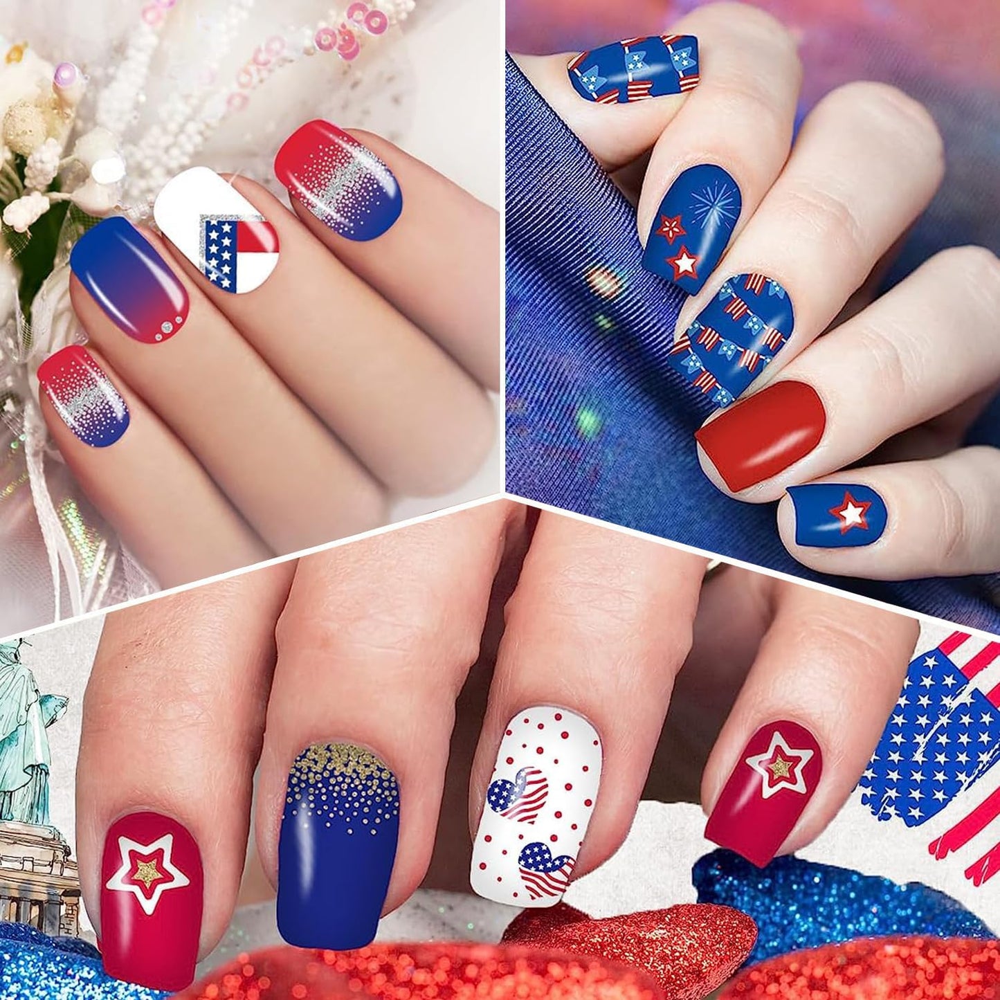 DANNEASY 16 Sheets Independence Day Nail Wraps 4th of July Nail Polish Stickers Self Adhesive Nail Polish Strips Gel Fingernail Sticker Nails for Women with Nail File, Cuticle Stick