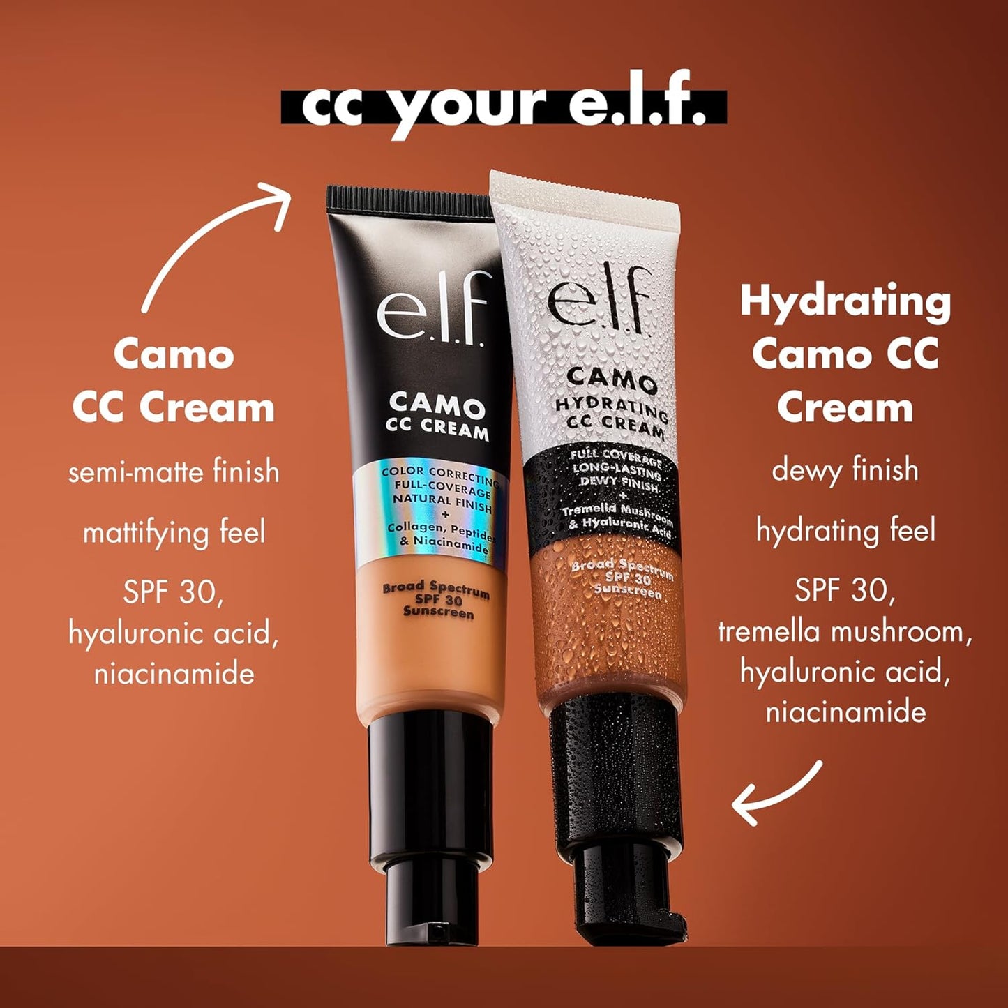 e.l.f. Hydrating Camo CC Cream, SPF 30, Color Correcting Full Coverage Foundation For A Dewy Finish, Vegan & Cruelty-Free, Rich 660 N