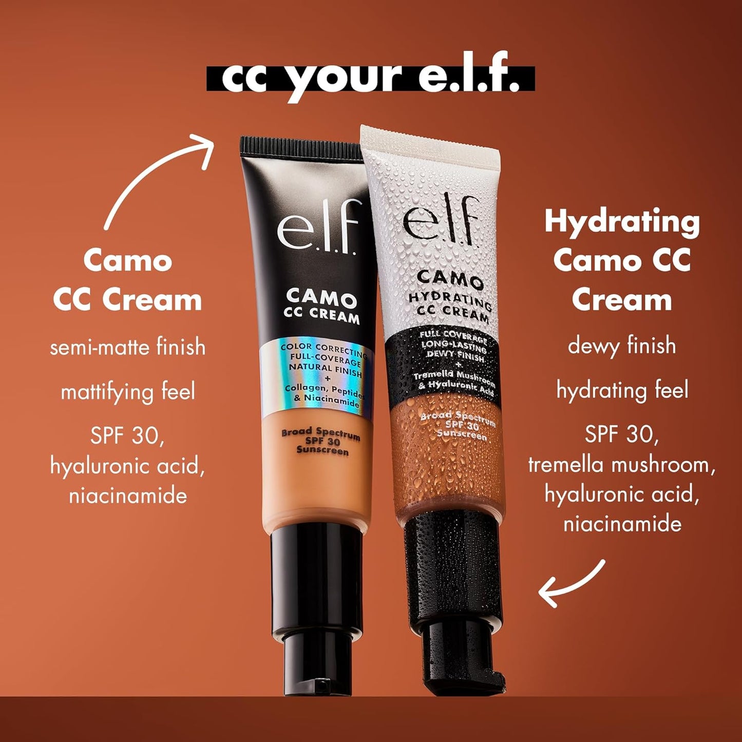 e.l.f. Hydrating Camo CC Cream, SPF 30, Color Correcting Full Coverage Foundation For A Dewy Finish, Vegan & Cruelty-Free, Fair 100 W