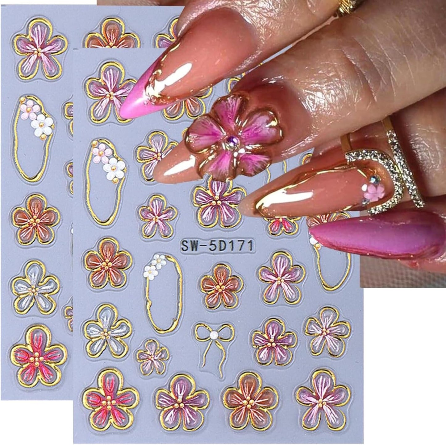 Flower Nail Stickers Decals 5D Embossed Flower Nail Decals Pink Five-Petaled Gold Floral Circle Spring Summer Nail Art Design Bow Tie Flowers Nail Adhesive Decals for DIY Nail Art Decorations 2Pcs