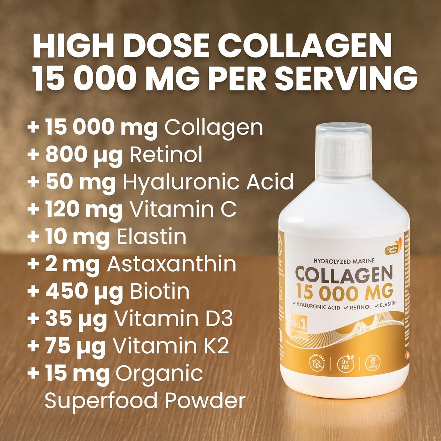 Swedish Nutra - Liquid Marine Collagen 15,000mg - 3 Packs of 500ml I Hydrolyzed Collagen Peptides (Type I & III) I Hyaluronic Acid, Biotin, Vitamin C I Sugar Free- 60 Day Supply