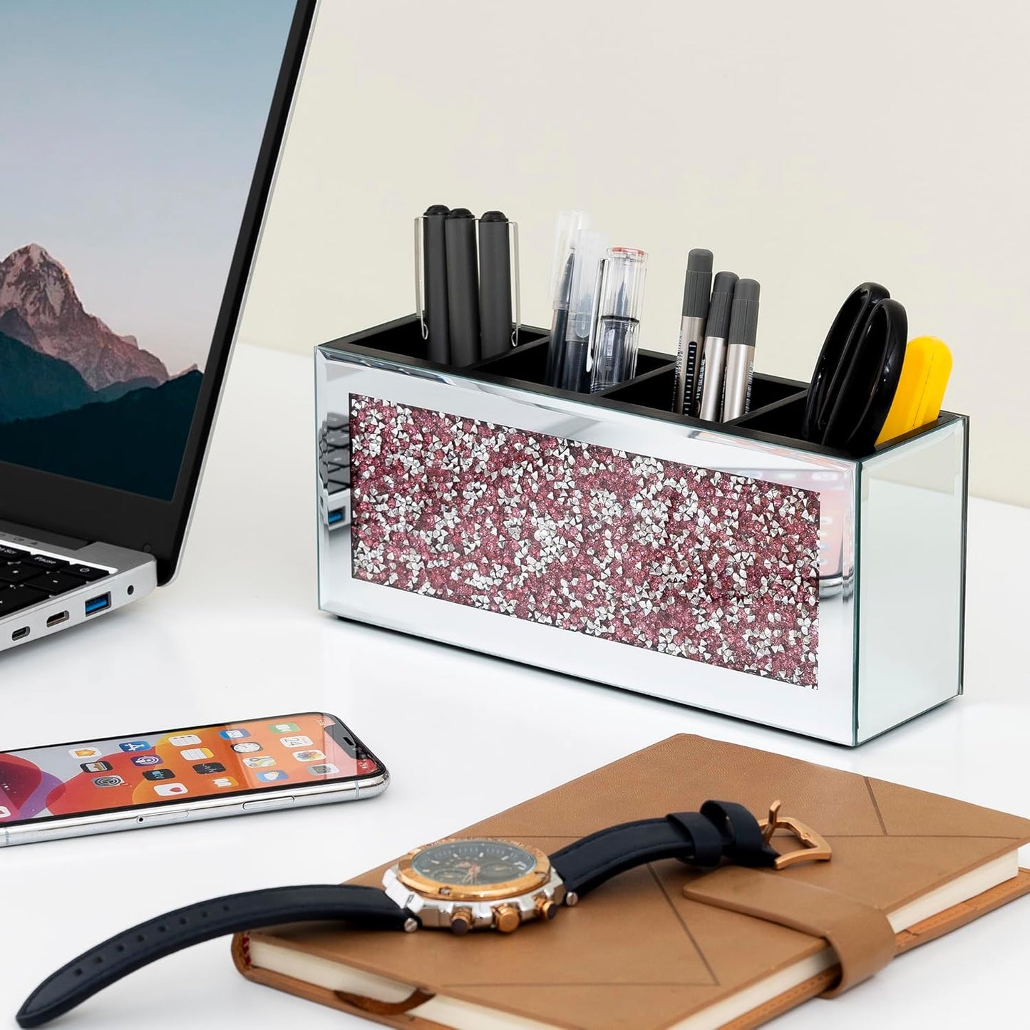 SHYFOY Mirrored Makeup Brush Holder, 4-Compartment Makeup Organizer with Pink Crushed Diamond, Vanity Cosmetics Organizer Solution, Pencil Holder Organizer for Desk