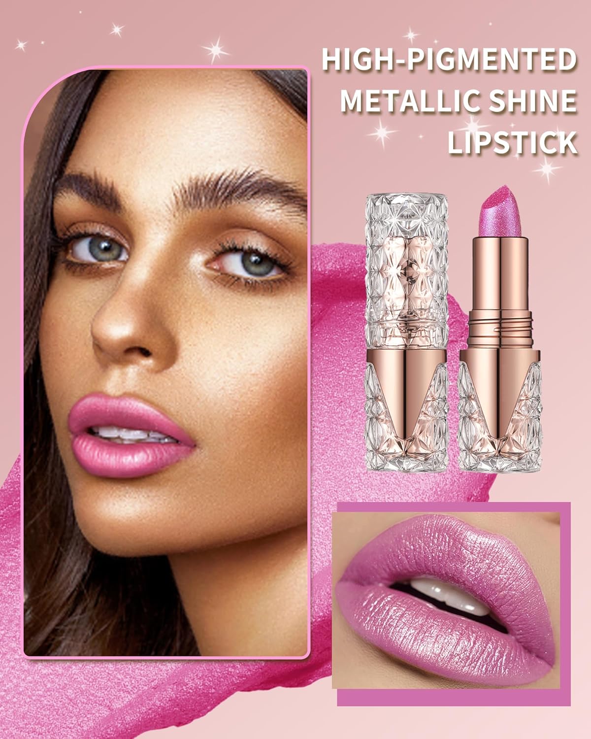Metallic Glitter Pink Lipstick Long Lasting,Diamond Shimmer Liquid Lipstick Transfer Proof Non-Stick Nude Lip Gloss,High Pigmented Lip Color Creamy Lip Stick Makeup for Women-04