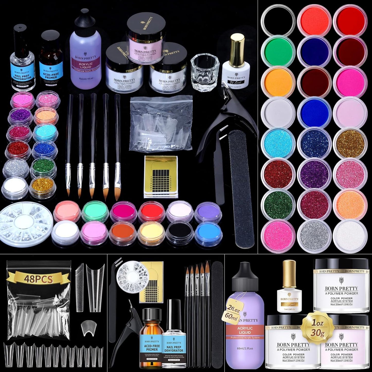 BORN PRETTY Acrylic Nail Kit with Everything ,96PCs Acrylic Powder and Liquid Monomer Set with 24Colors Glitters Acrylic Nail Brush Nail Tips Nail Primer Nail Art Supplies for Extension Gift