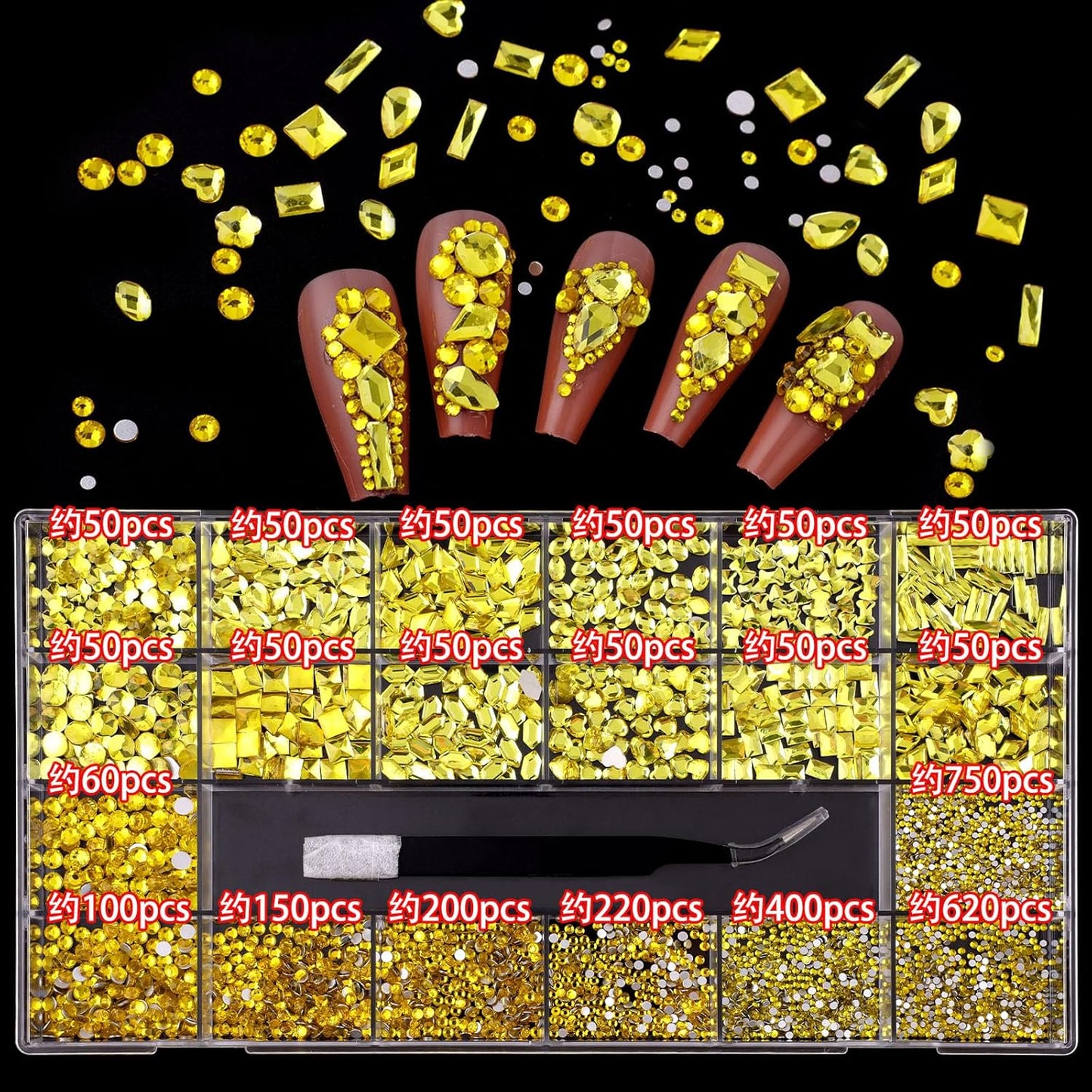 3100Pcs Professional Nail Art Rhinestones Kit for Nail,Mix 20 Styles Flatback Rhinestone,600 Diamonds + 2500 Round Beads, 3D Flat Back Gemstones for Nail DIY Crafts with Tweezers Pen(Lemon Yellow)