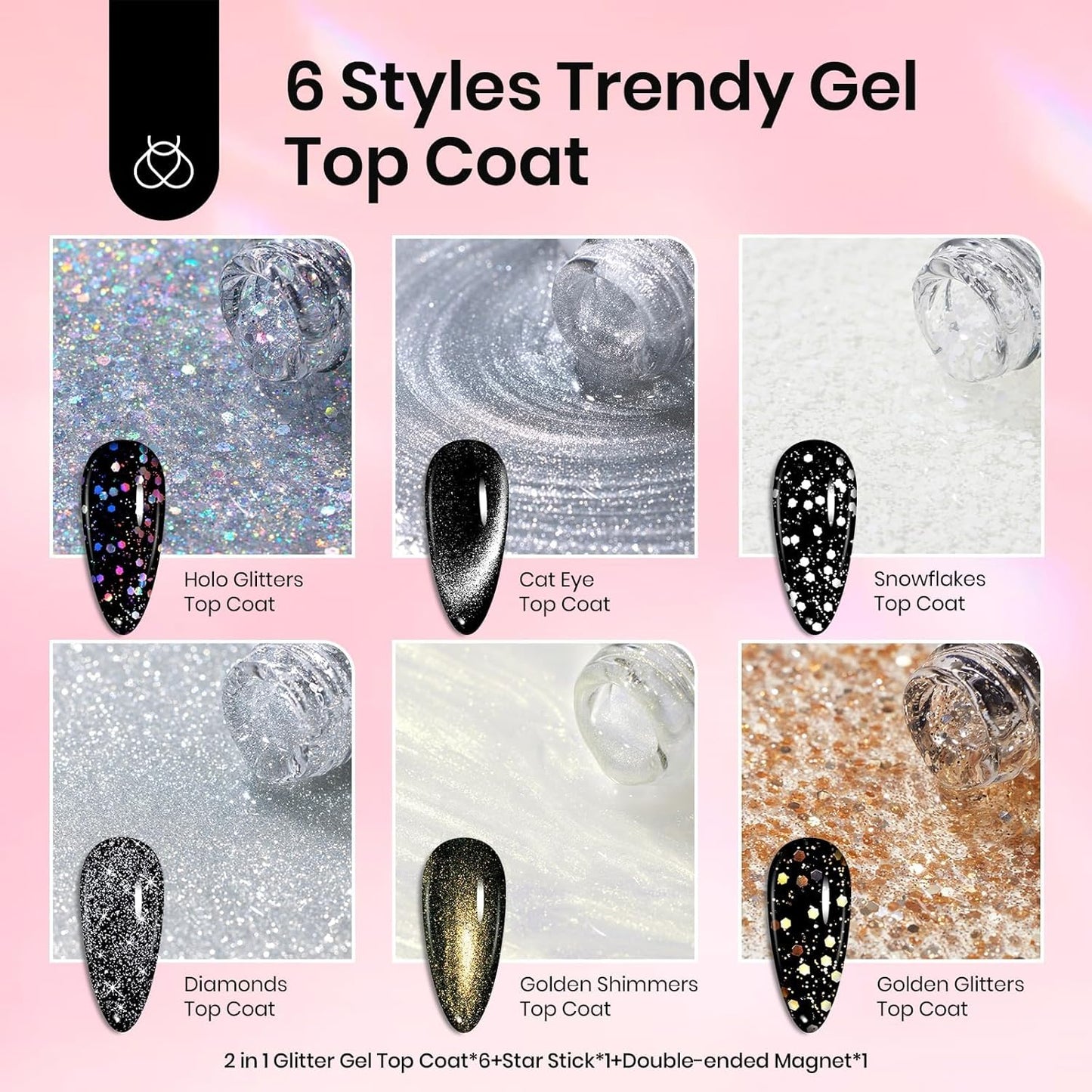 Beetles Glitter Gel Top Coat 8Pcs Holographic Glitter Gel Nail Polish Top Coat Cat Eye No Wipe Glossy Sparkly Finish Long Lasting Soak Off U V LED Salon DIY Gift for Women Girls