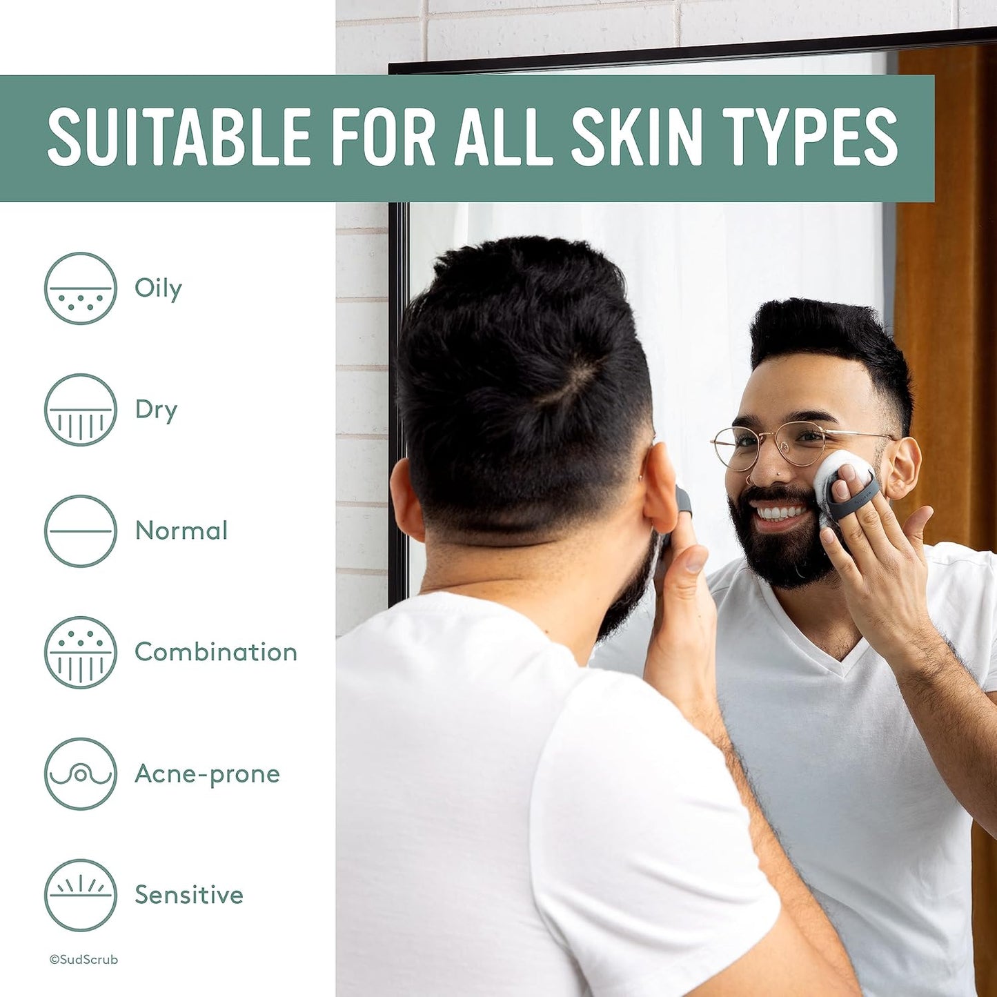 Sud Scrub® Antimicrobial Silicone Face Scrubber, 1 Pack, Gentle Face Exfoliator for Sensitive Skin, Eco Friendly Facial Cleansing Brush, Exfoliating Face Brush for Men and Women (Mint)