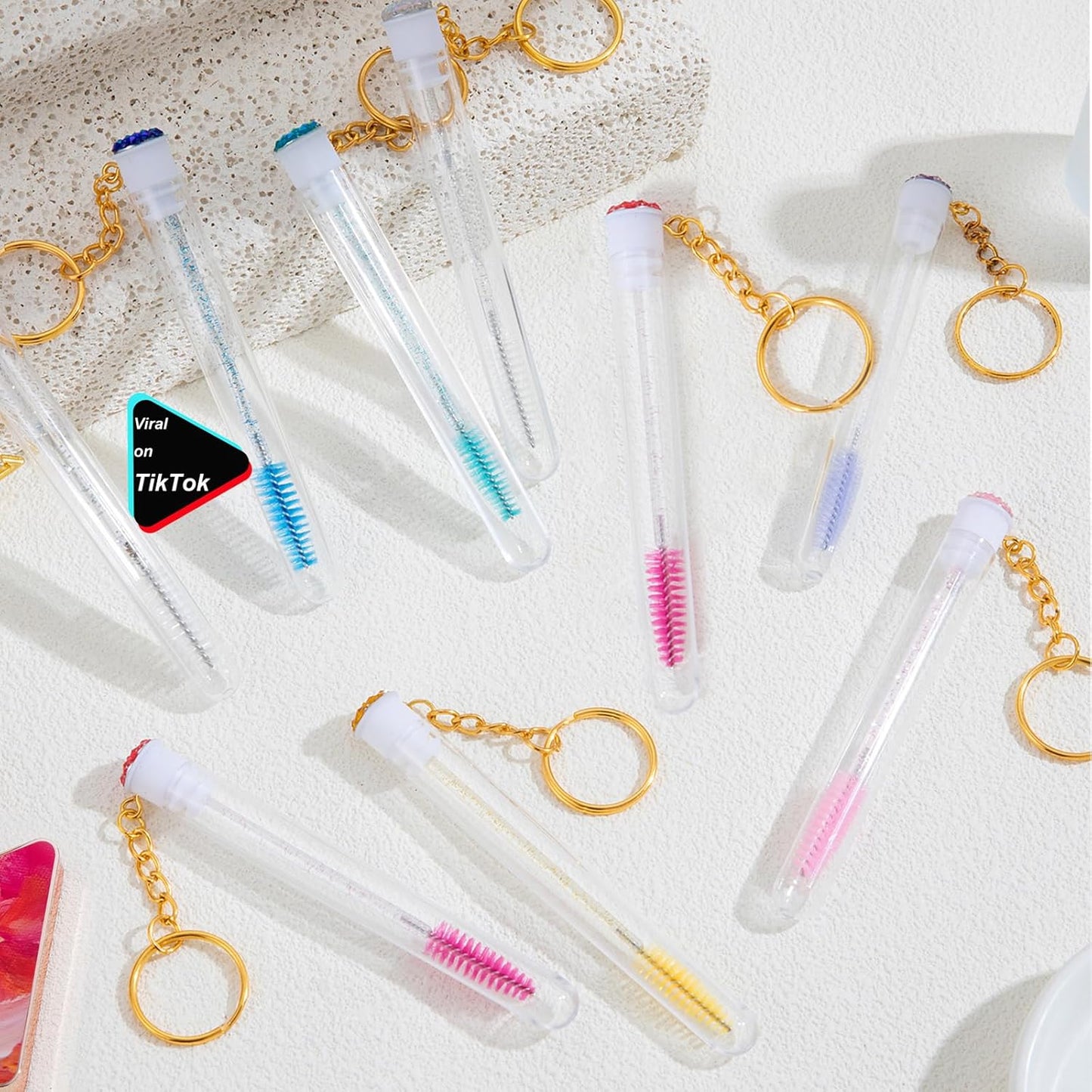 Upgrade 48 Pieces Disposable Mascara Wands Set, Include 24 Pcs Crystal Lash Spoolies Brush and 24 Pcs Reusable Keychain Empty Eyelash Brush Tubes