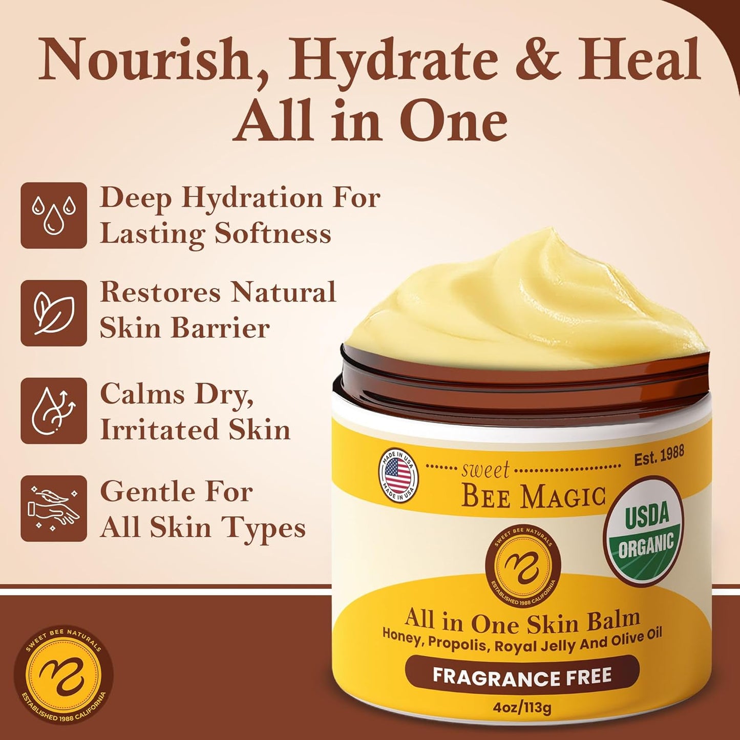 Sweet Bee Magic All In One Healing Organic Balm - Natural Skin Healing Cream, Beeswax Balm for Dry Skin, Face & Body Moisturizer - Certified Organic, All Natural Aid - (4oz Each, 24oz Total)