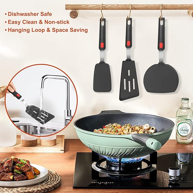 Hotec Silicone Spatula Turner for Nonstick Cookware, Cooking Spatulas 600°F Heat Resistant Large Flexible Rubber Spatula Set of 3, Kitchen Utensils for Flipping Eggs, Burgers, Pancakes, Crepes