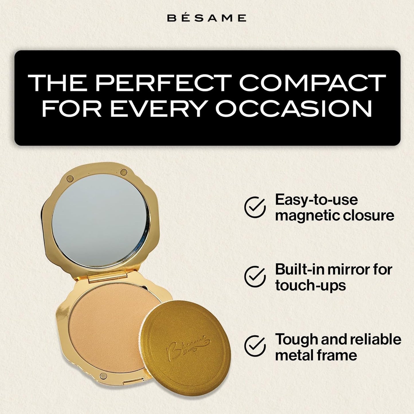 Besame Refillable Pressed Powder Compact | 1930s Art Deco Design | Makeup Case with Mirror & Magnetic Closure | Compatible with Besame Blush, Eyeshadow & Setting Powder Refill | Cosmetics Not Included