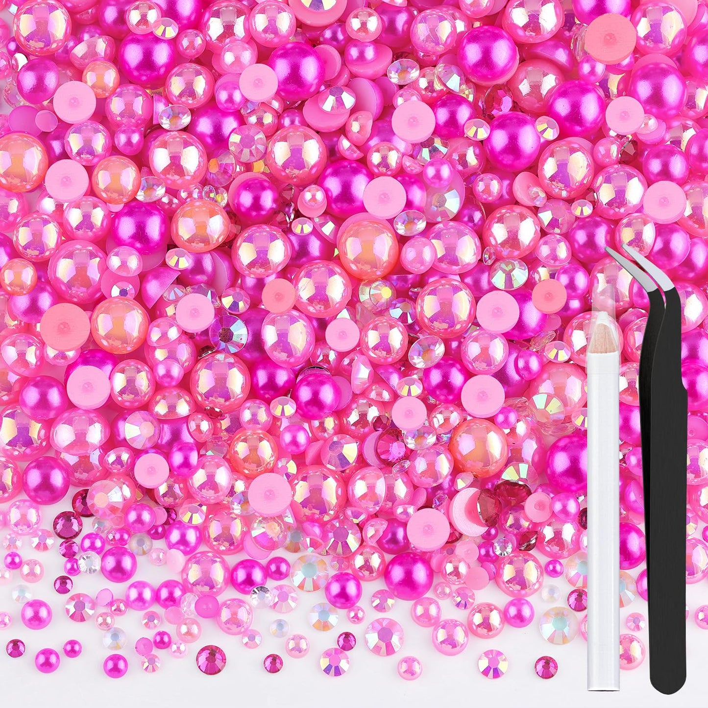 80g Flatback Pearls and Rhinestones for Crafting, Dark Pink Mixed Size 3-10mm Resin Rhinestones and Half Pearls for Bedazzling, Nail Art and Decoration with Tweezer and Pickup Pencil