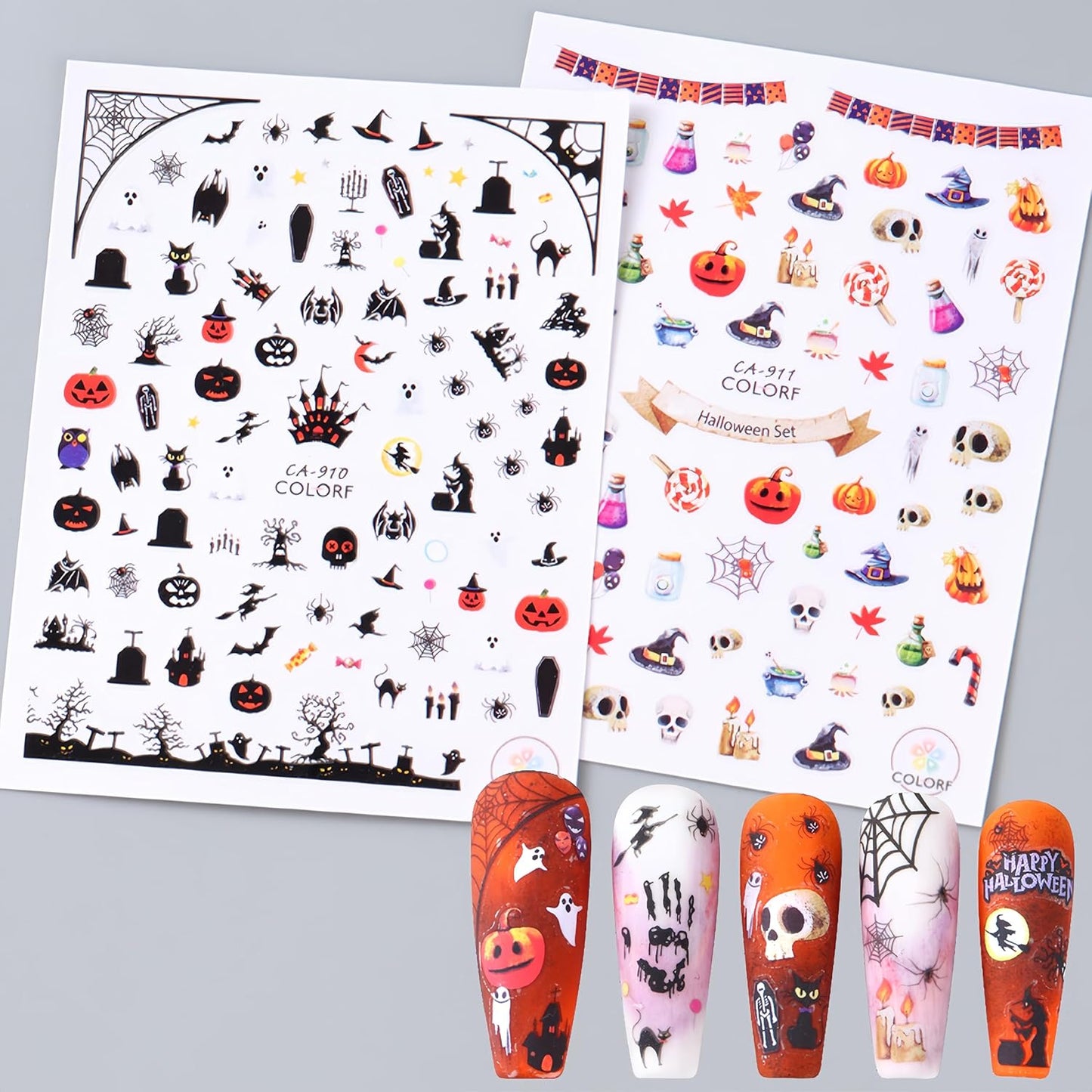 8Sheets Halloween Nail Art Stickers 3D Spider Web Nail Decals Acrylic Pumpkin Head Spider Web Bat Designs Clown Witch Hat Nail Design Halloween Nail Decorations Supplies for Women Manicure Decorations