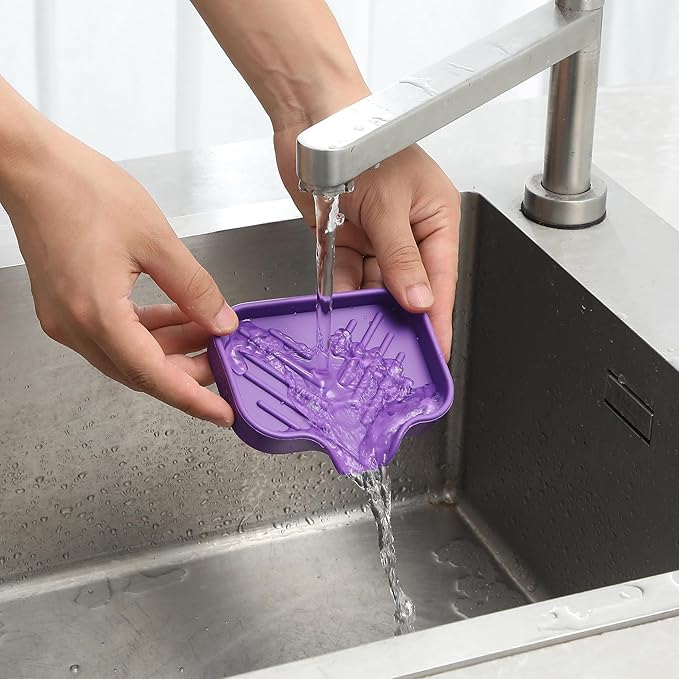 Silicone Bathroom Soap Dishes with Drain Spout-Bathroom and Kitchen Sink Organizer,Sponge Holder,Dish Soap Tray,Perfect for Dispenser,Scrubber,Bottle,Cup on Sink or Counter-Purple 4.9"×3.2"
