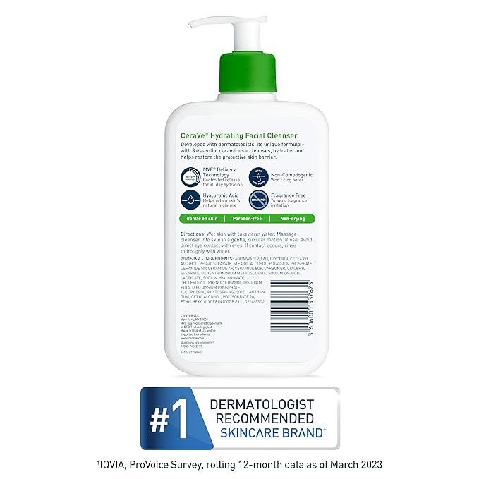 CeraVe Hydrating Facial Cleanser, Moisturizing Face Wash For Dry Skin, Hyaluronic Acid + Ceramides + Glycerin, Hydrating Cleanser For Normal To Dry Skin, National Eczema Association Certified