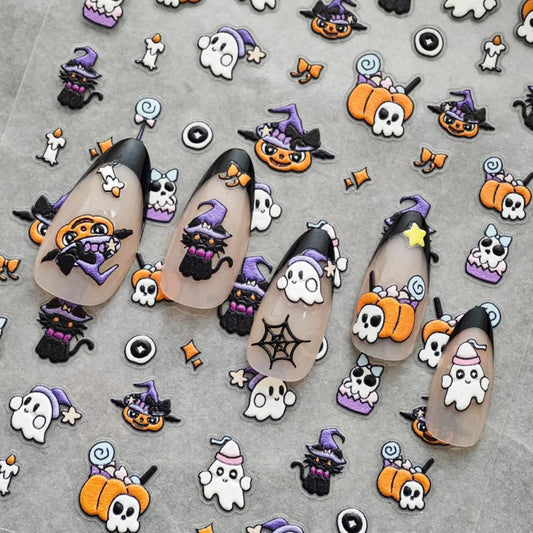 Ghost Nail Sticker Decals Halloween Nail Art Stickers Cat Nails Art Decals with Pumpkin Design 5D Self Adhesive Nails Decoration for Women Girls Kid Manicure DIY Decoration Cute Accessories