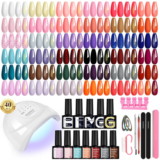 phoenixy 51 Pcs Gel Nail Polish Kit with U V Light, 35 Colours Gel Polish with 5 Pcs Base Top Coat Manicure Starter Nail Polish Set Gifts for Women ST9016