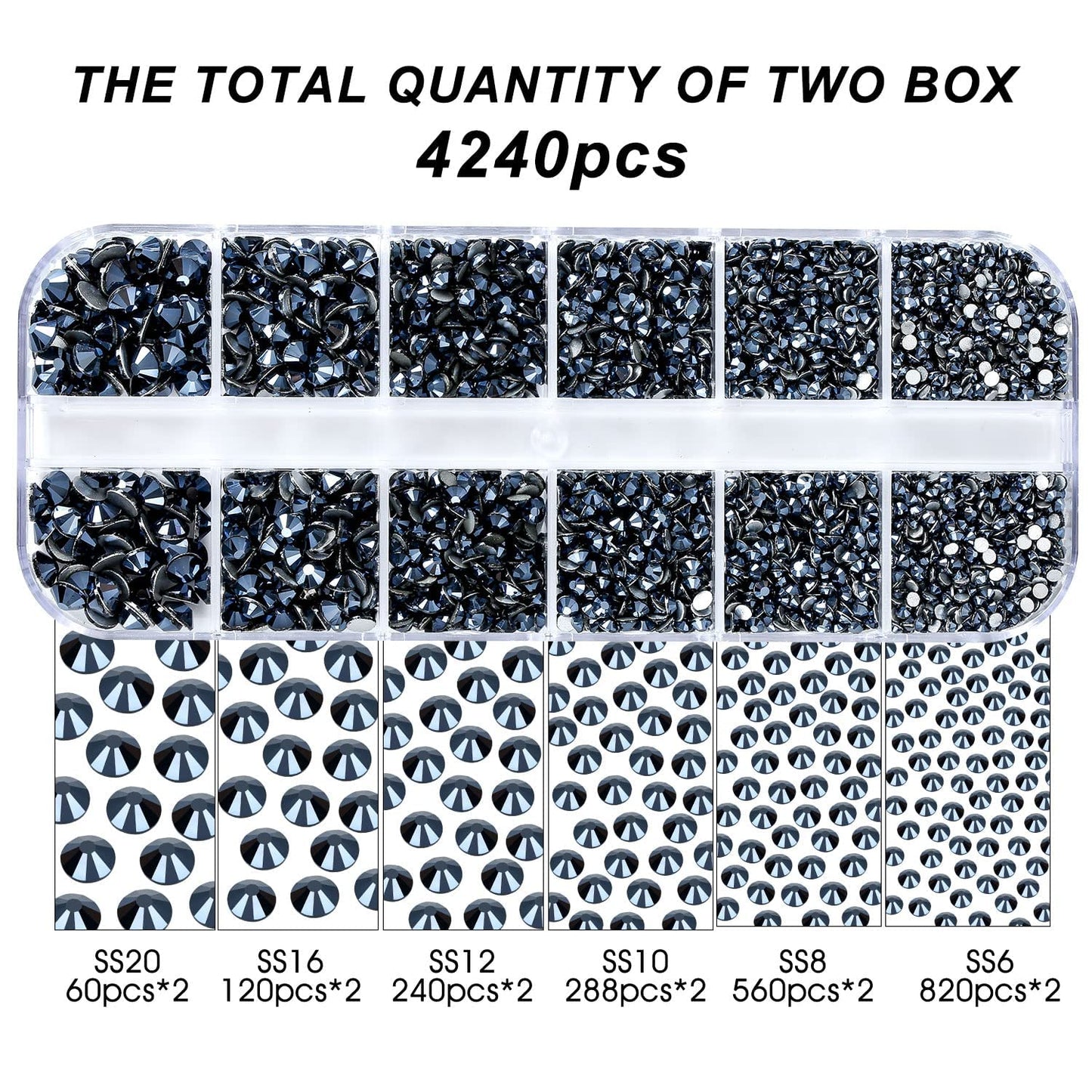 4240Pcs Shiny Black Flatback Rhinestones 6 Sizes Crystal Diamonds for Nail Art Crafts Clothes Shoes with Tweezers and Picking Pen