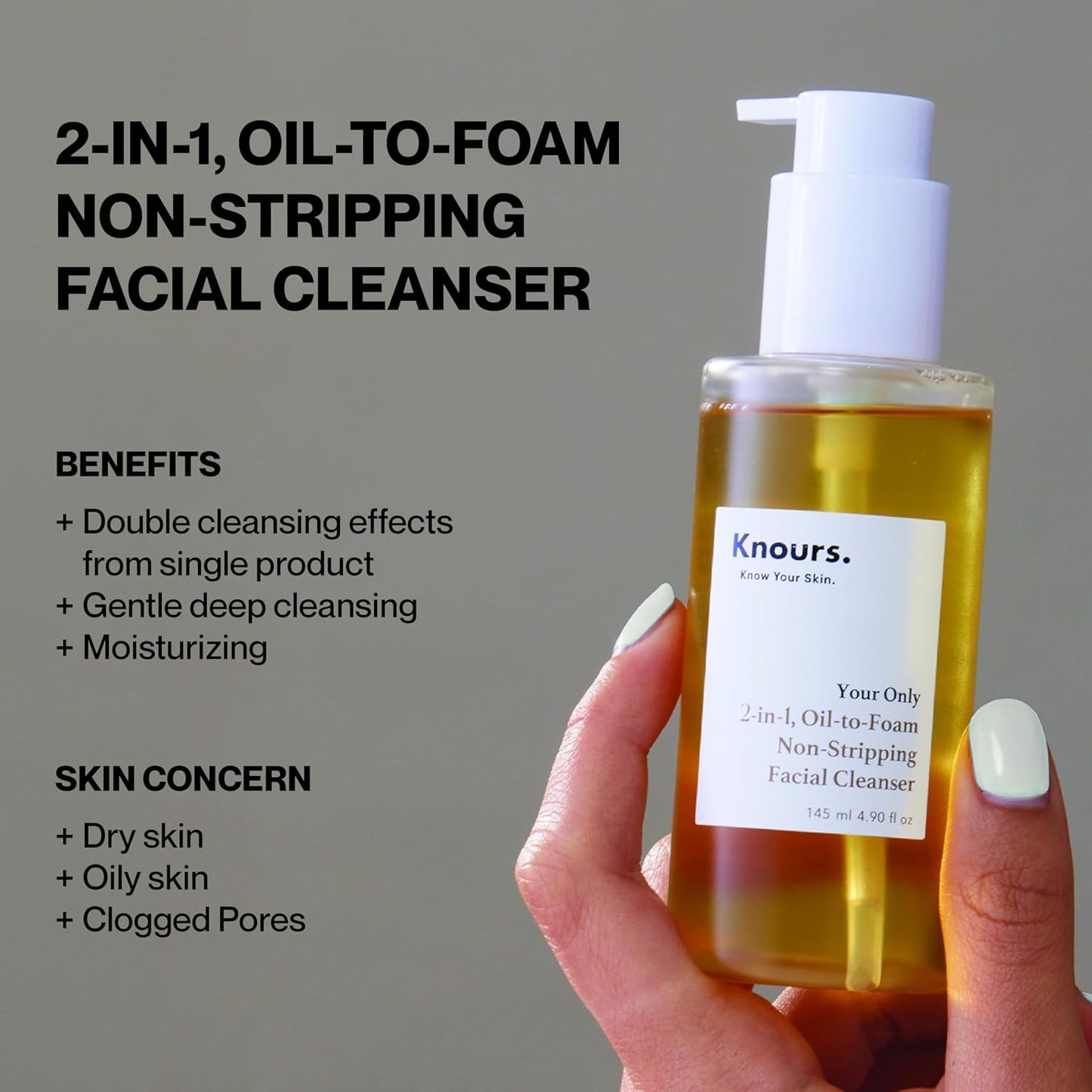 Knours. 2-in-1 Oil-to-Foam Non-Stripping Facial Cleanser, Honey & Plant Based Oils Makeup Remover Non Drying Clean Beauty (145ml 4.97 fl. oz.)