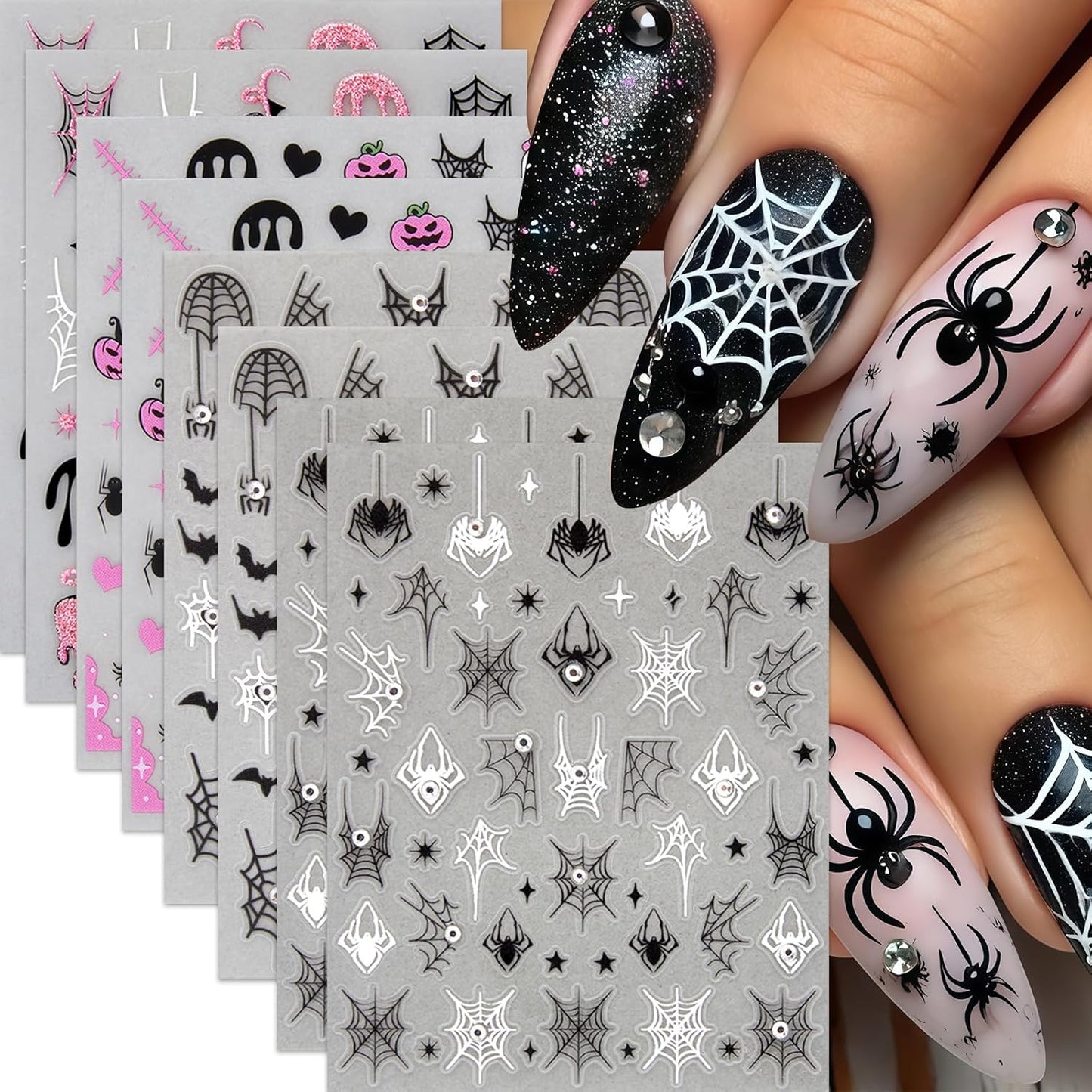 8Sheets Halloween Nail Stickers for Nail Art Black White Spider Web Nail Decals Black Pink Stars Love Rhinestones Spider Design Nail Supplies Bats Nail Art Stickers for Women DIY Manicure Decorations