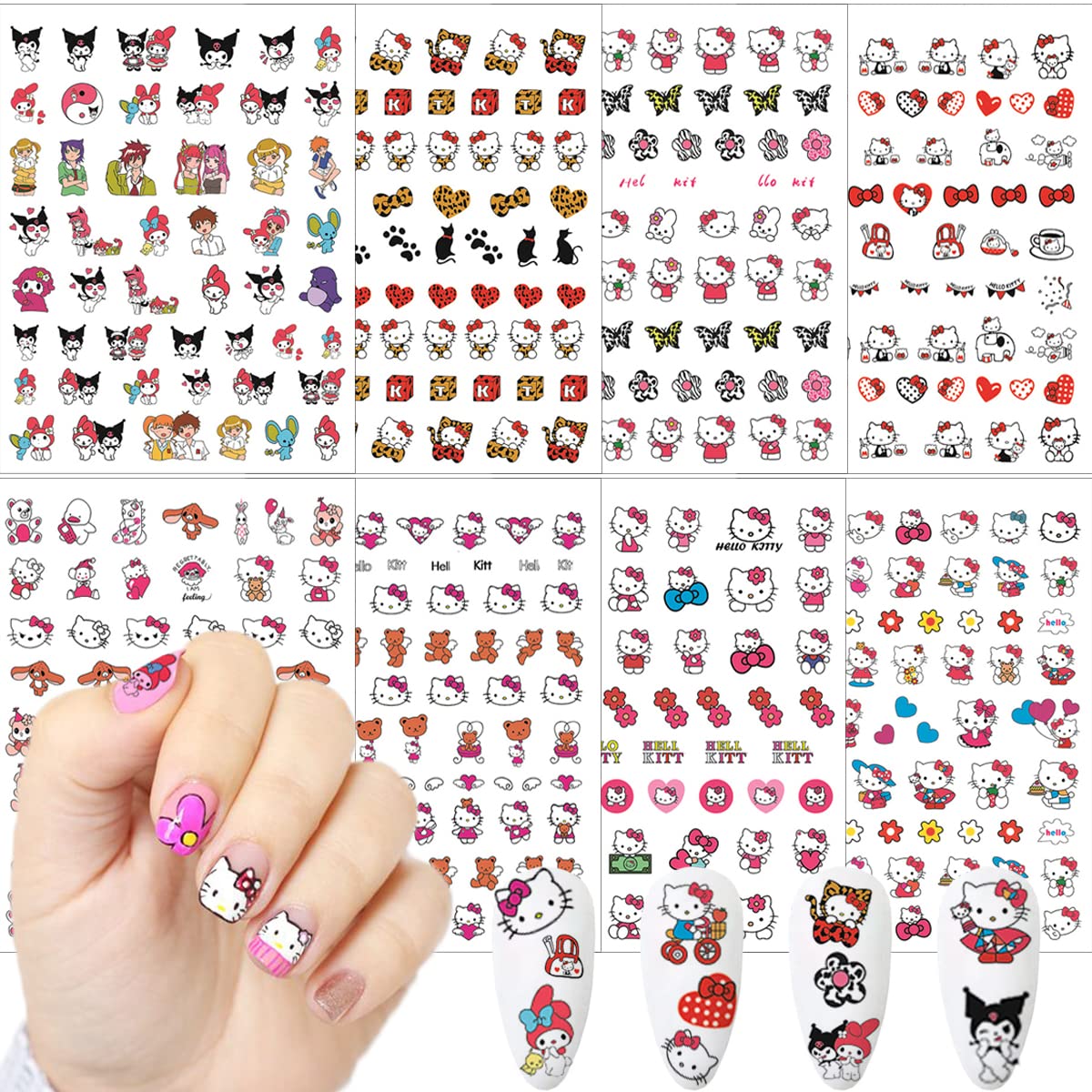 Cute Nail Art Stickers- 8 Sheets Kawaii Cartoon Nail Stickers 3D Self Adhesive Cute Cat Design Acrylic Nail Charms Designer Nail Decals for Women Girls DIY Manicure Decoration Supplies