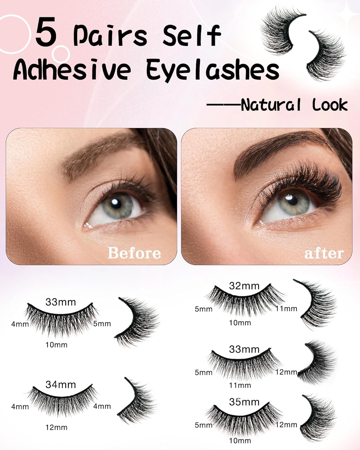Self Adhesive Eyelashes Natural Look False Eyelashes Reusable Self Stick Lashes, No Glue Needed, 5 Pairs Mixed