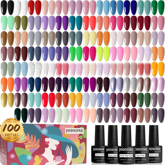 JODSONE 100 PCS (5 ml each) Gel Nail Polish Kit No Wipe Soak off Base Coat and Matte Glossy Top Coat Gel Polish Collections Gifts for Manicure Lovers
