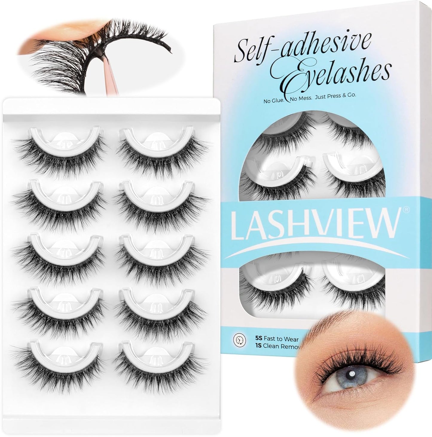 LASHVIEW Self Adhesive Eyelashes 5 Pairs Cat Eye Wispy Self-adhesive False Lashes Reusable Natural Look Press On Lashes No Glue Need Eyelashes with Replacement Adhesive Strips (CV122)