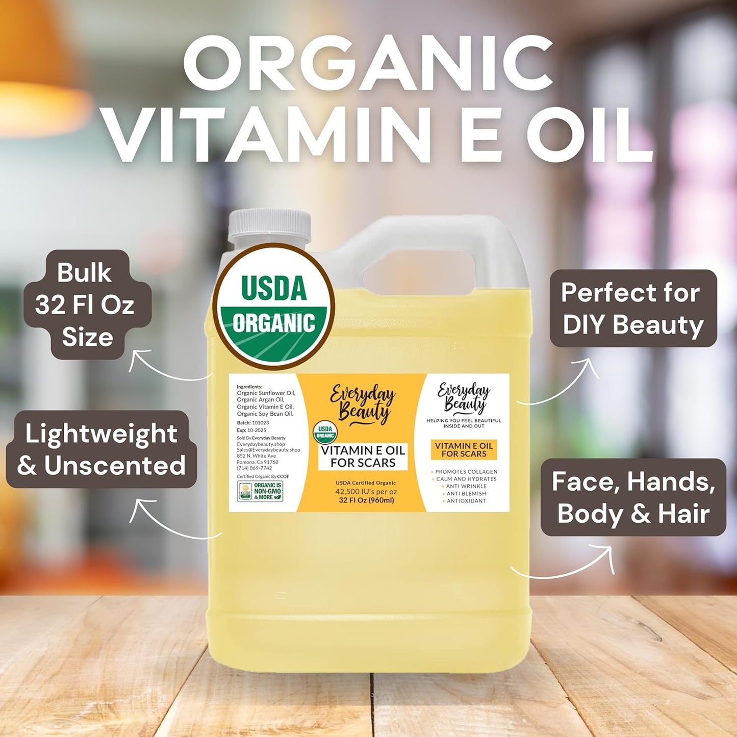 Organic Vitamin E Oil Bulk - 32oz USDA Certified 100% All Natural Plant Based - Light and Unscented Great for Scars After Surgery - For Face, Skin and Nails - Anti-Aging, Reduce Appearance of Wrinkles