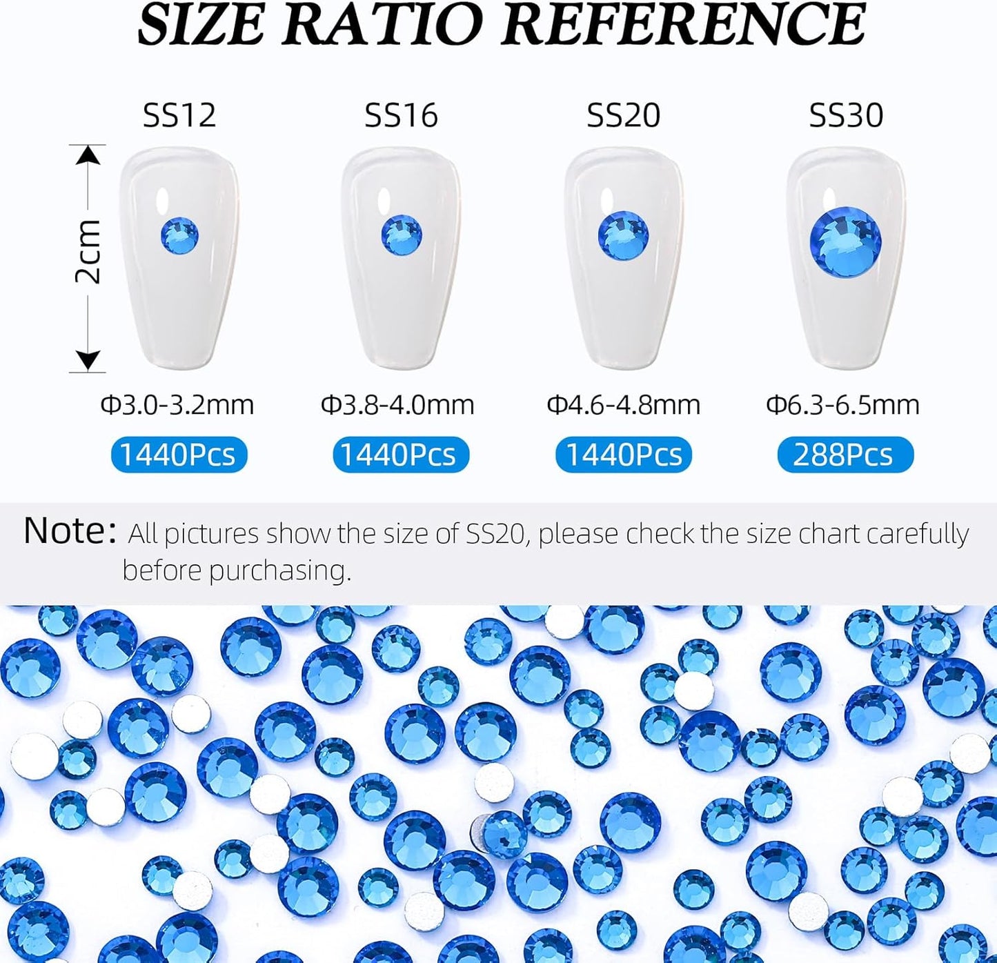 Capri Blue Flatback Rhinestones, Glass Rhinestones for Nail Art and Craft, Glue Fix, Loose Crystal Gemstones(Capri Blue, SS20, 1440pcs, 4.6-4.8mm)