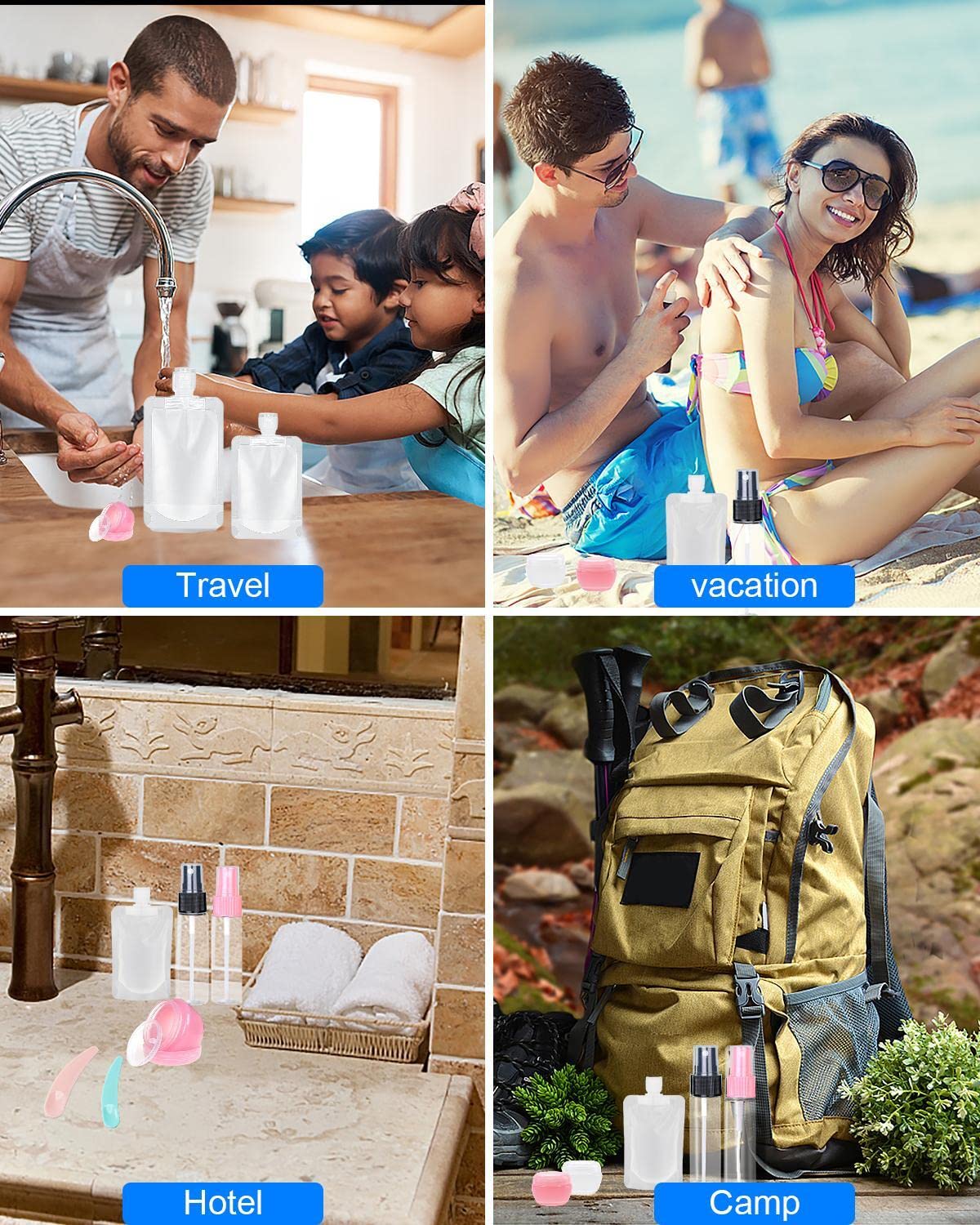 17 Pack Travel Pouches for Toiletries,TSA Approved,Travel Size Portable Containers,Stand Up Pouch,Refillable Travel Accessories for Shampoo Conditioner Lotion Soap Liquids (C-17pcs)