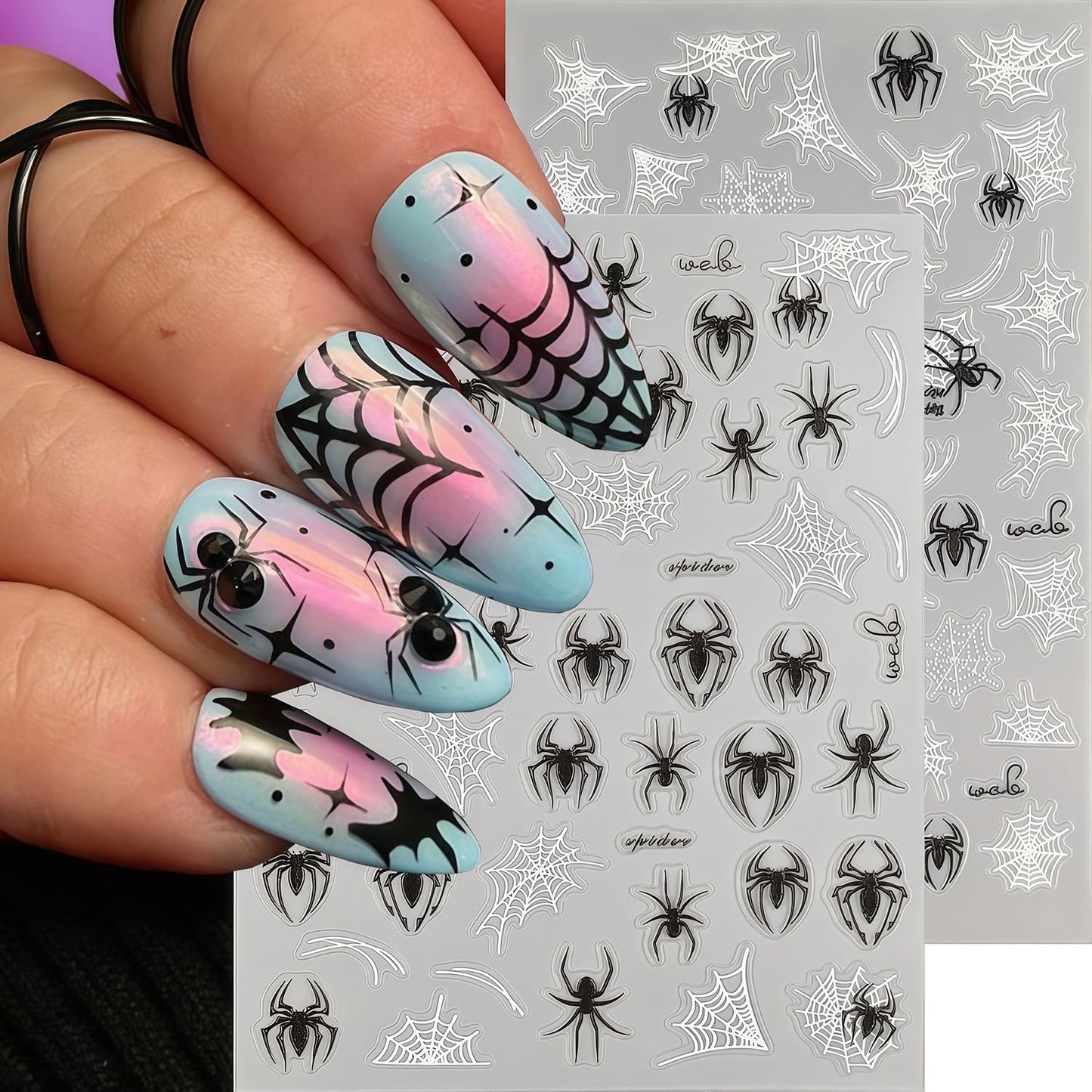 Halloween Spider for Nails Stickers Holiday Nail Decals 3D Self-Adhesive Black and White Spider Web Stickers Halloween Nail Art Sticker for Women Girls DIY Manicure Nails Accessories